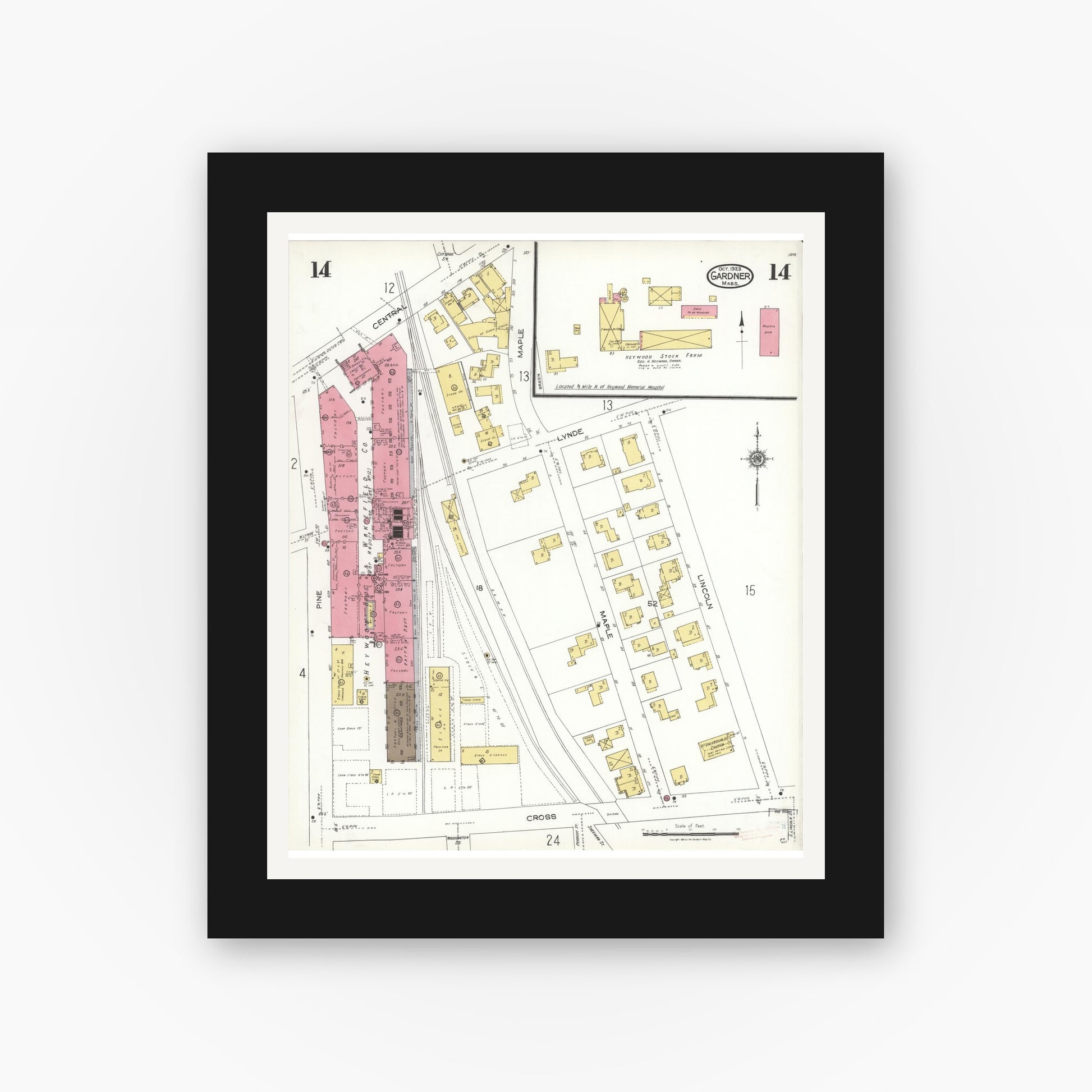 Old map wall art mockup — black gallery frame with white mat — Sanborn Fire Insurance Map from Gardner, Worcester County, Massachusetts (1923), Sheet #0014
