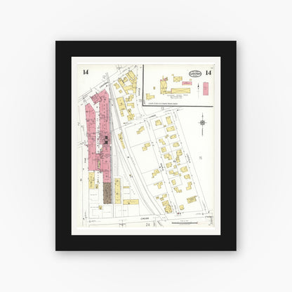 Old map wall art mockup — black gallery frame with white mat — Sanborn Fire Insurance Map from Gardner, Worcester County, Massachusetts (1923), Sheet #0014