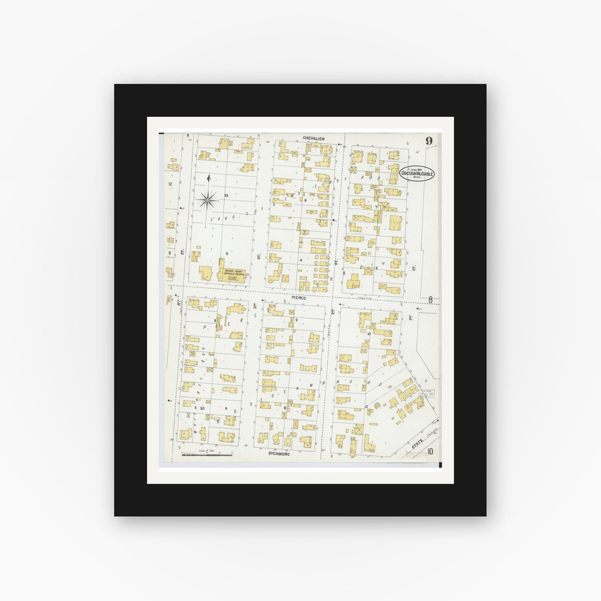 Old map wall art mockup — black gallery frame with white mat — Sanborn Fire Insurance Map from Oscoda, Iosco County, Michigan (1901), Sheet #0009