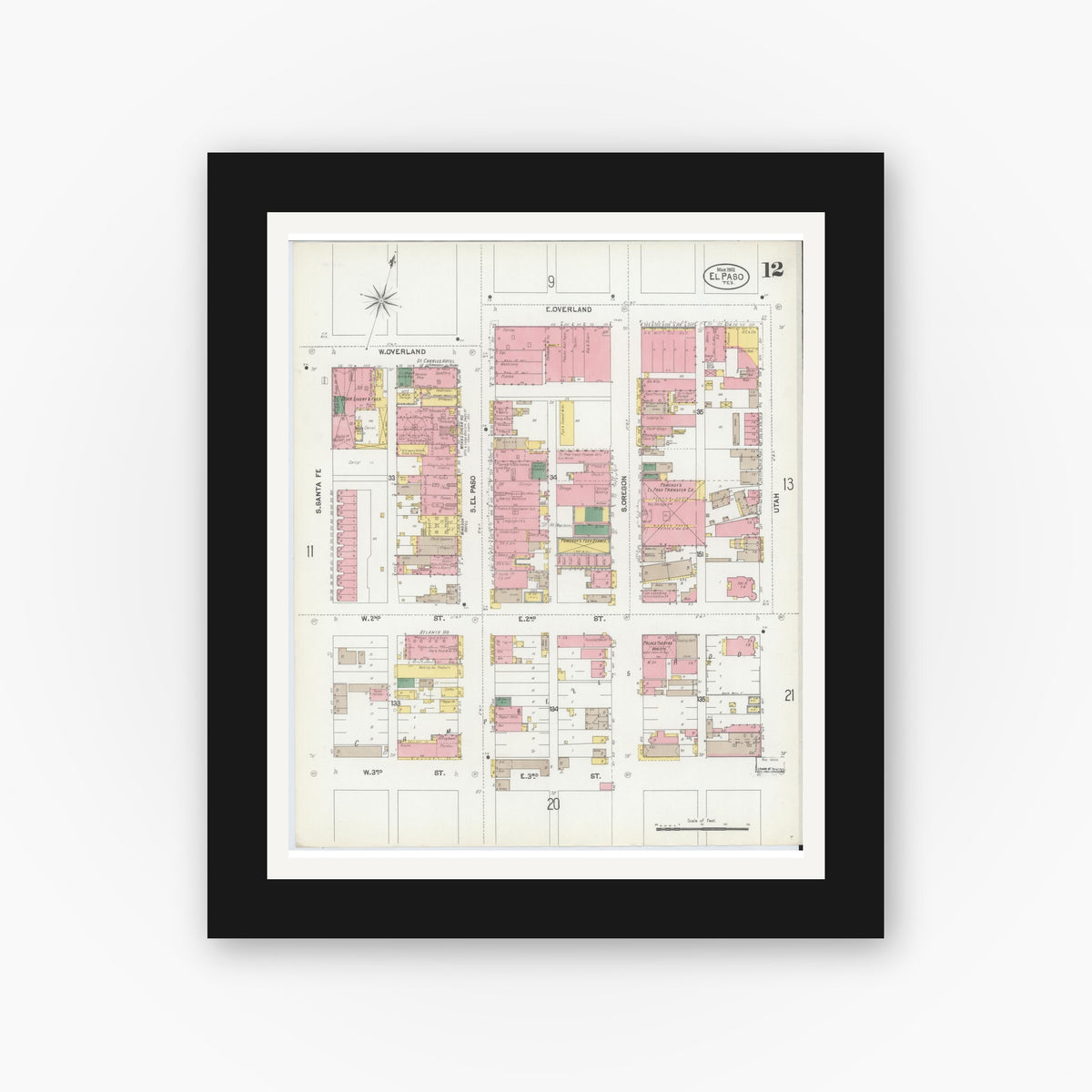 Old map wall art mockup — black gallery frame with white mat — Sanborn Fire Insurance Map from El Paso, El Paso County, Texas (1902), Sheet #0012
