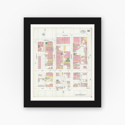 Old map wall art mockup — black gallery frame with white mat — Sanborn Fire Insurance Map from El Paso, El Paso County, Texas (1902), Sheet #0012