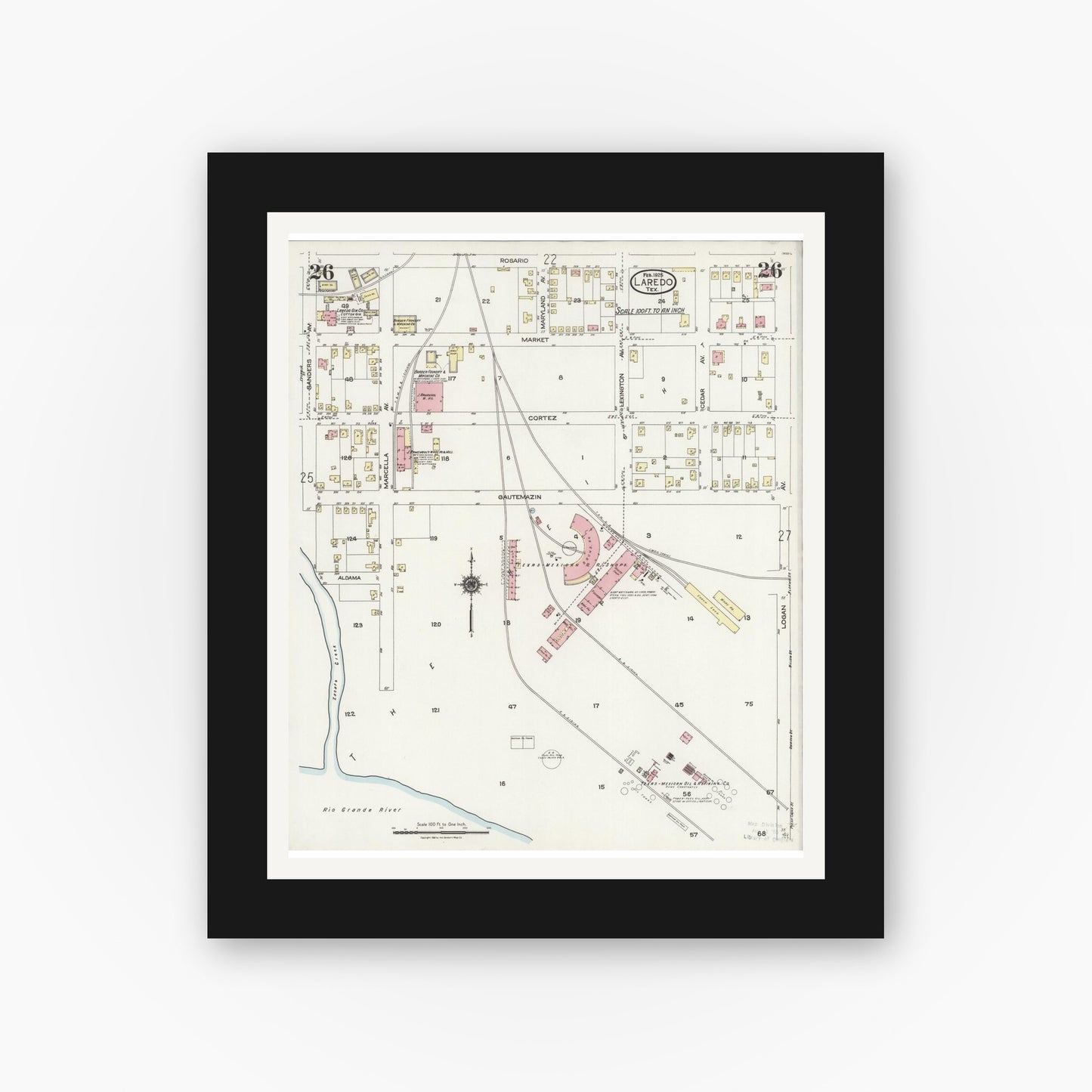 Old map wall art mockup — black gallery frame with white mat — Sanborn Fire Insurance Map from Laredo, Webb County, Texas (1925), Sheet #0026