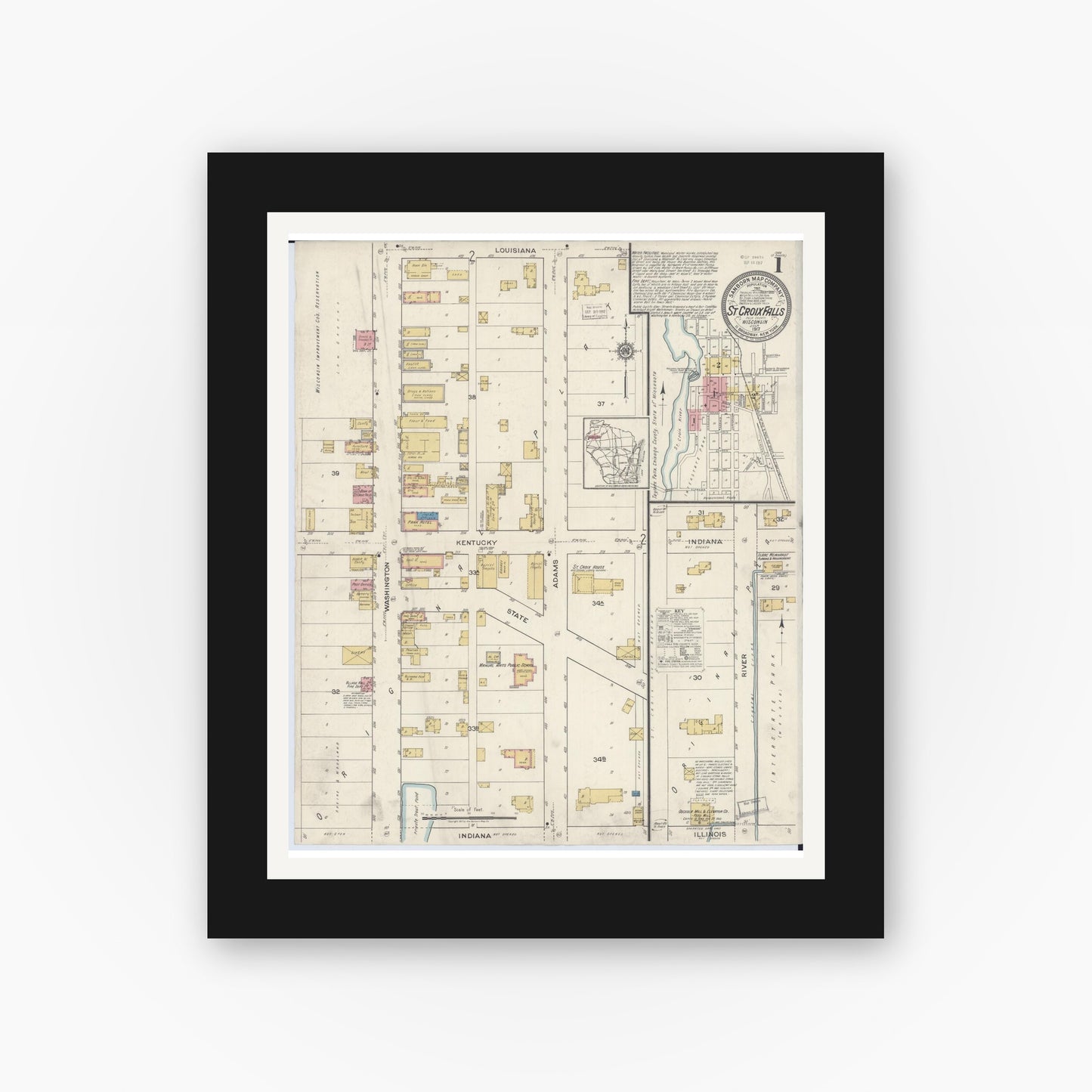 Old map wall art mockup — black gallery frame with white mat — Sanborn Fire Insurance Map from Saint Croix Falls, Polk County, Wisconsin (1917), Sheet #0001