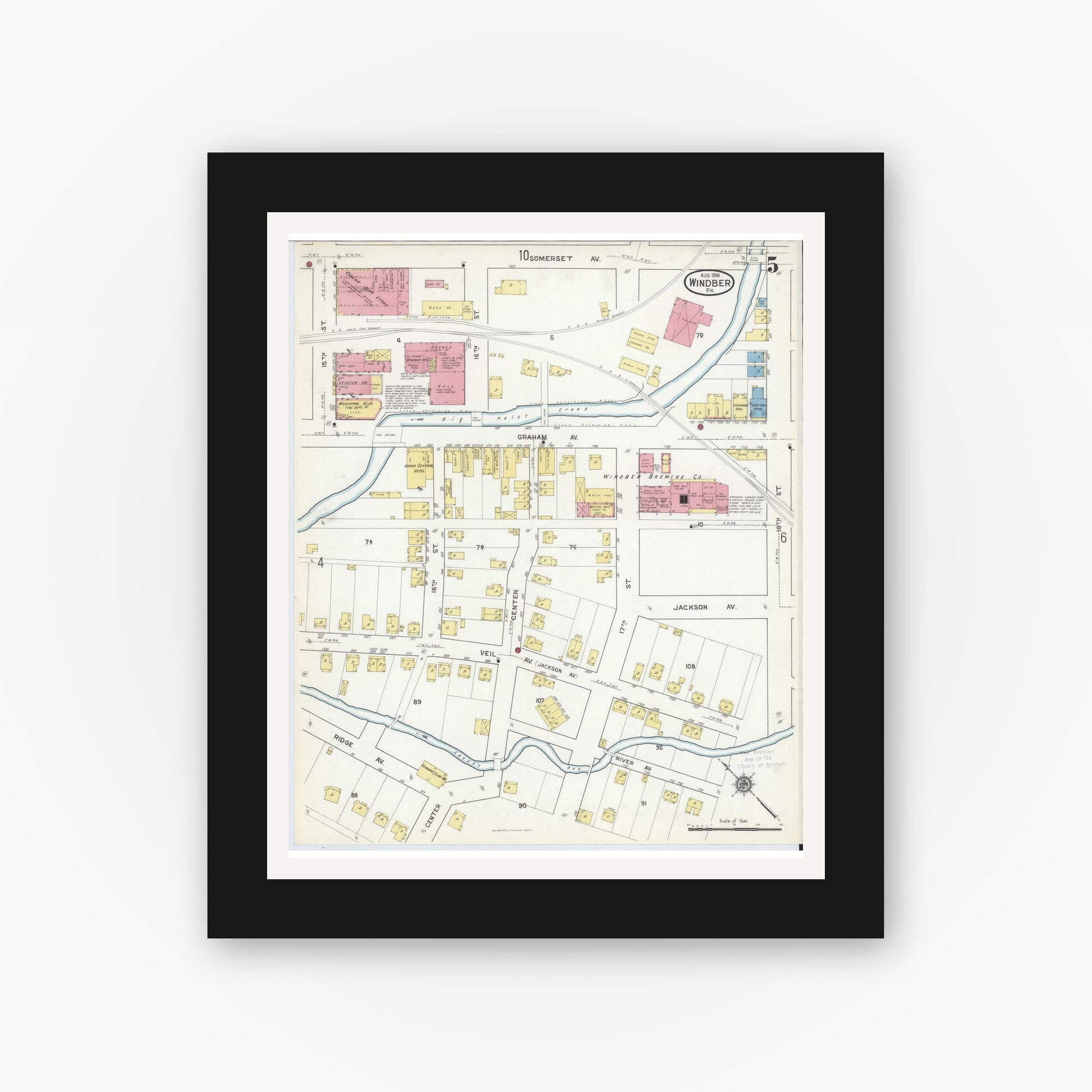 Old map wall art mockup — black gallery frame with white mat — Sanborn Fire Insurance Map from Windber, Somerset County, Pennsylvania (1916), Sheet #0005