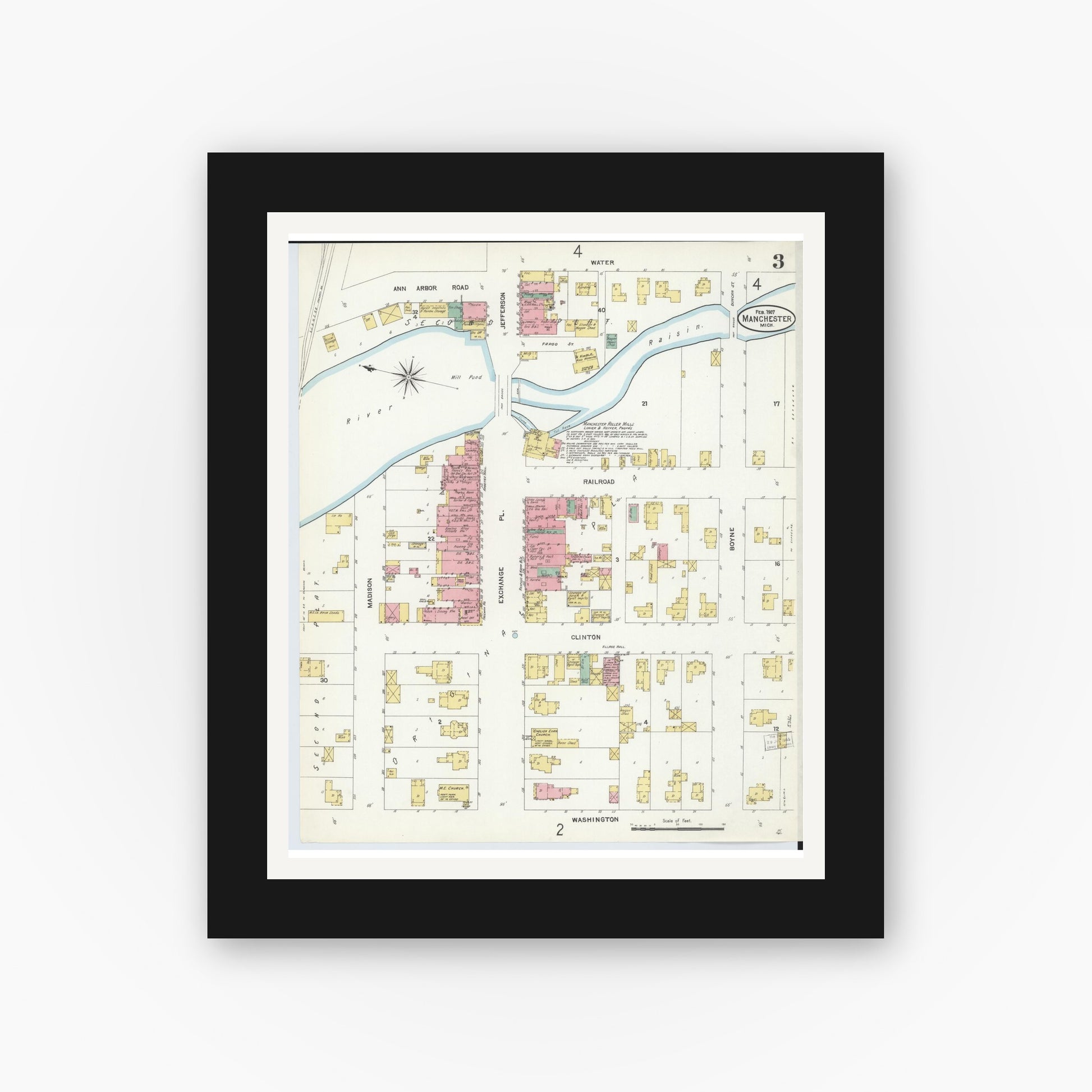 Old map wall art mockup — black gallery frame with white mat — Sanborn Fire Insurance Map from Manchester, Washtenaw County, Michigan (1907), Sheet #0003