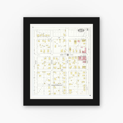 Old map wall art mockup — black gallery frame with white mat — Sanborn Fire Insurance Map from What Cheer, Keokuk County, Iowa (1916), Sheet #0002