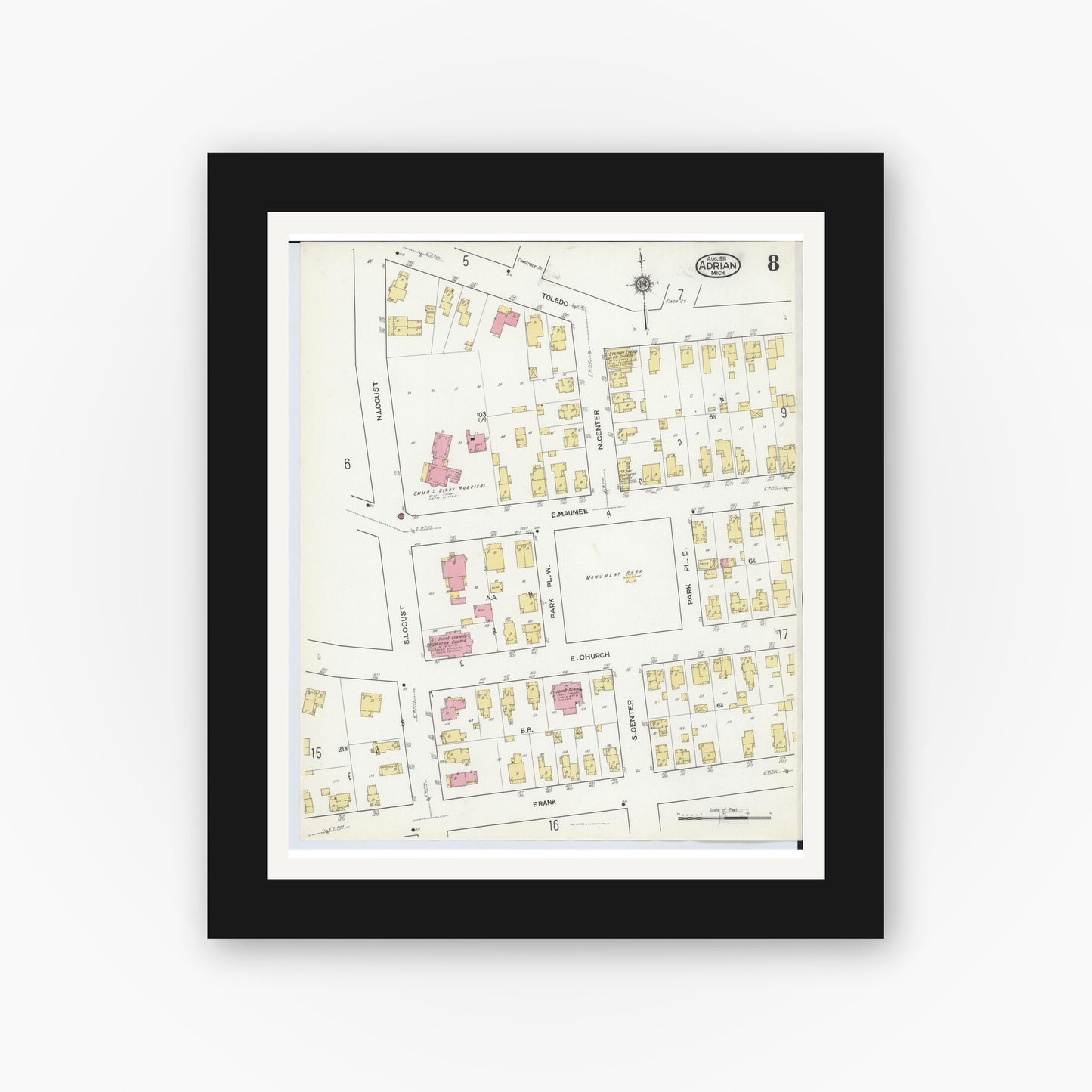 Old map wall art mockup — black gallery frame with white mat — Sanborn Fire Insurance Map from Adrian, Lenawee County, Michigan (1916), Sheet #0008