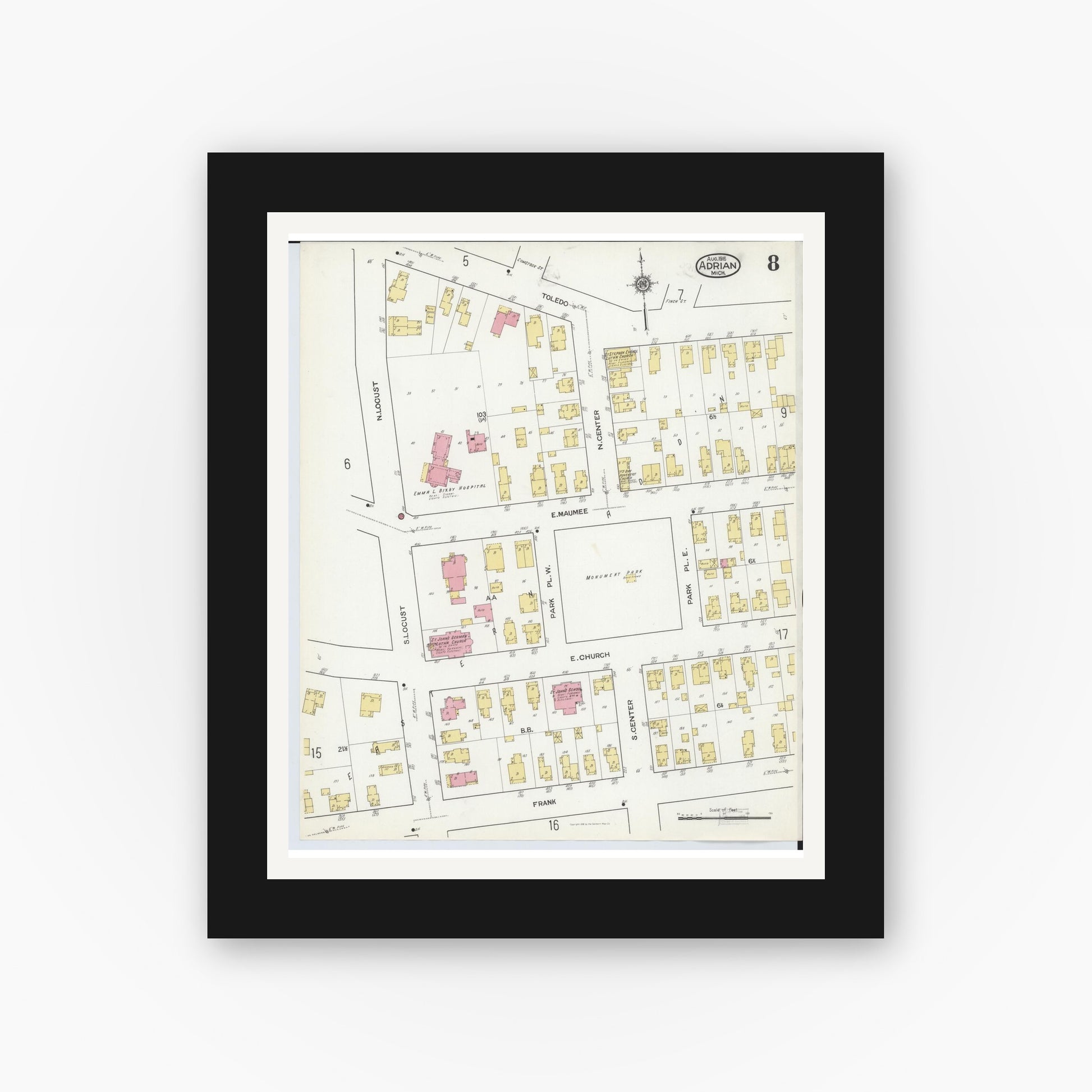 Old map wall art mockup — black gallery frame with white mat — Sanborn Fire Insurance Map from Adrian, Lenawee County, Michigan (1916), Sheet #0008