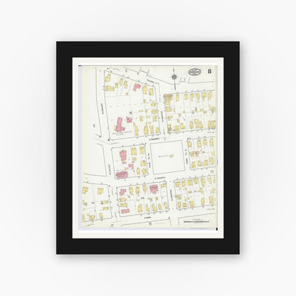 Old map wall art mockup — black gallery frame with white mat — Sanborn Fire Insurance Map from Adrian, Lenawee County, Michigan (1916), Sheet #0008