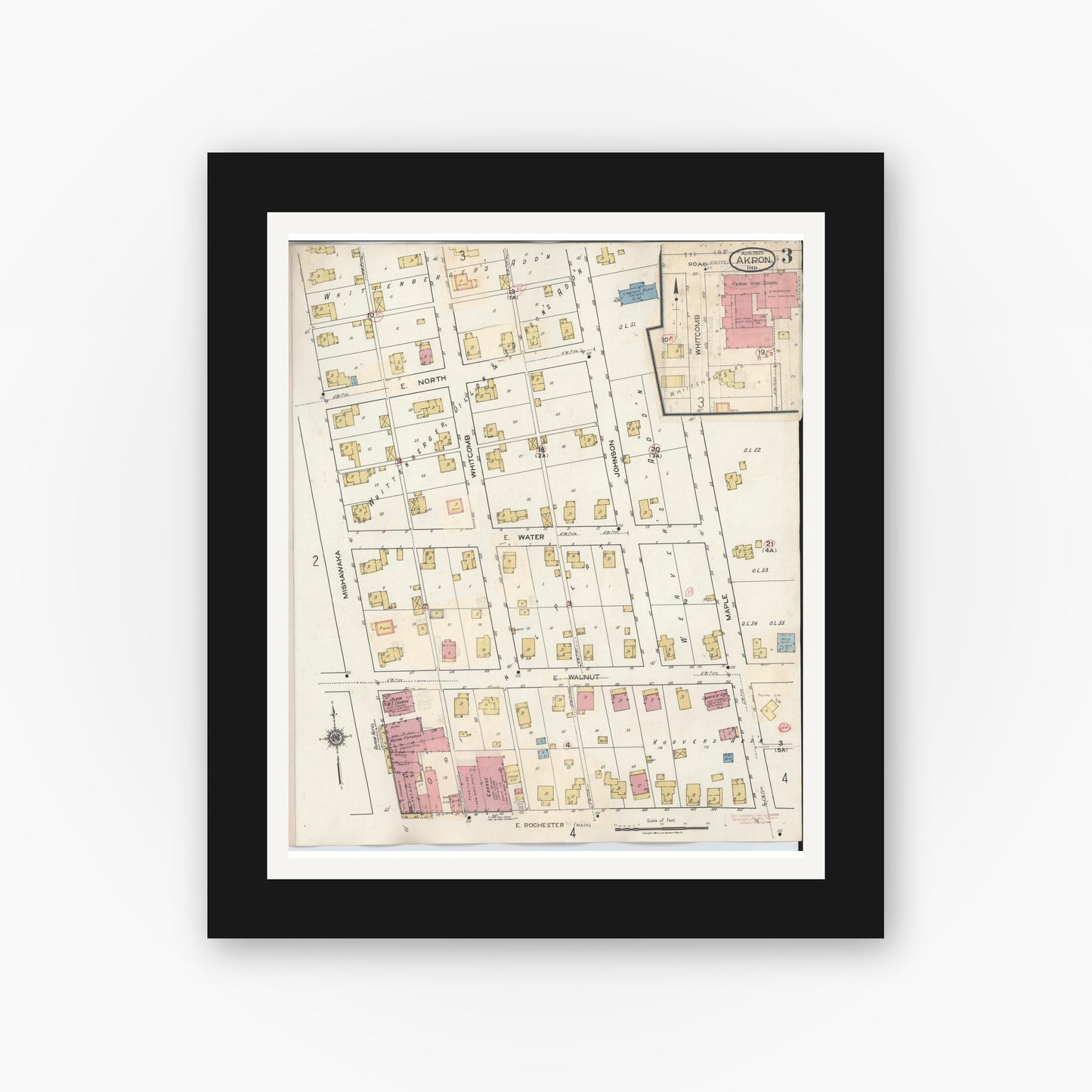 Old map wall art mockup — black gallery frame with white mat — Sanborn Fire Insurance Map from Akron, Fulton County, Indiana (1932), Sheet #0003