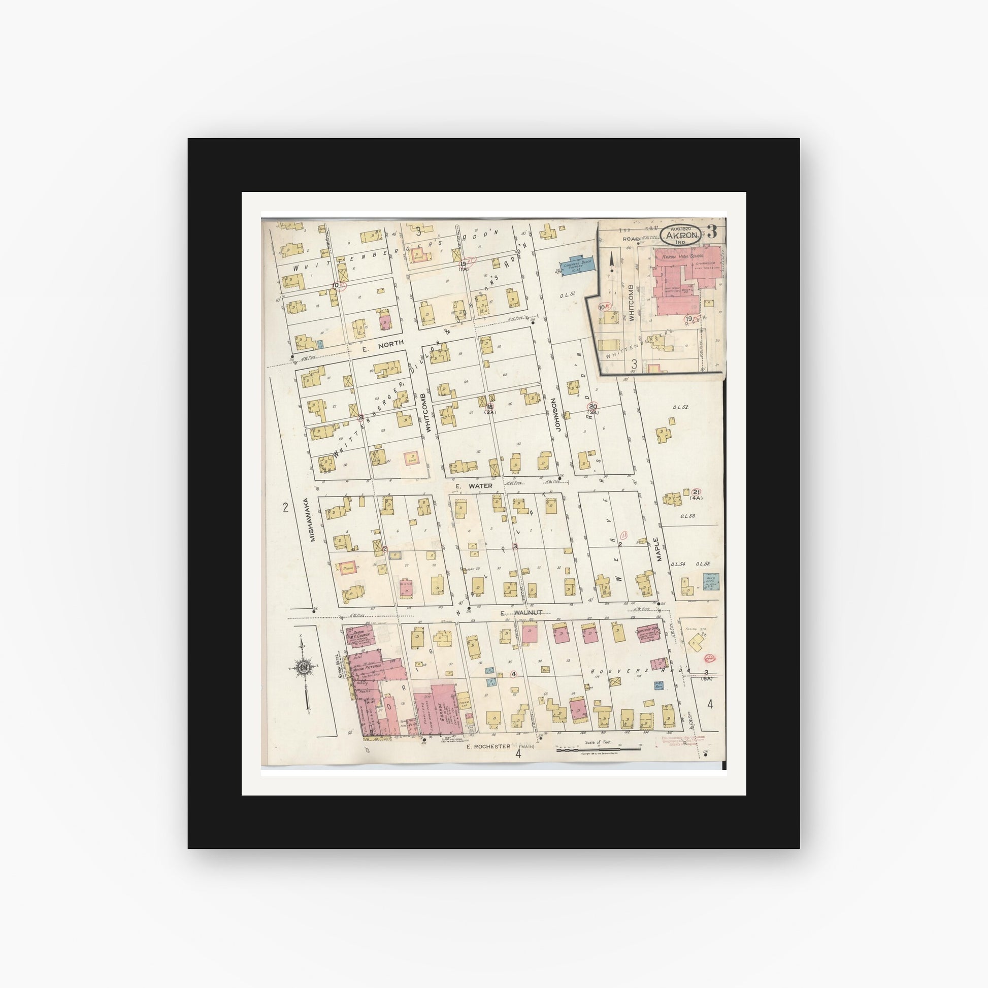 Old map wall art mockup — black gallery frame with white mat — Sanborn Fire Insurance Map from Akron, Fulton County, Indiana (1932), Sheet #0003