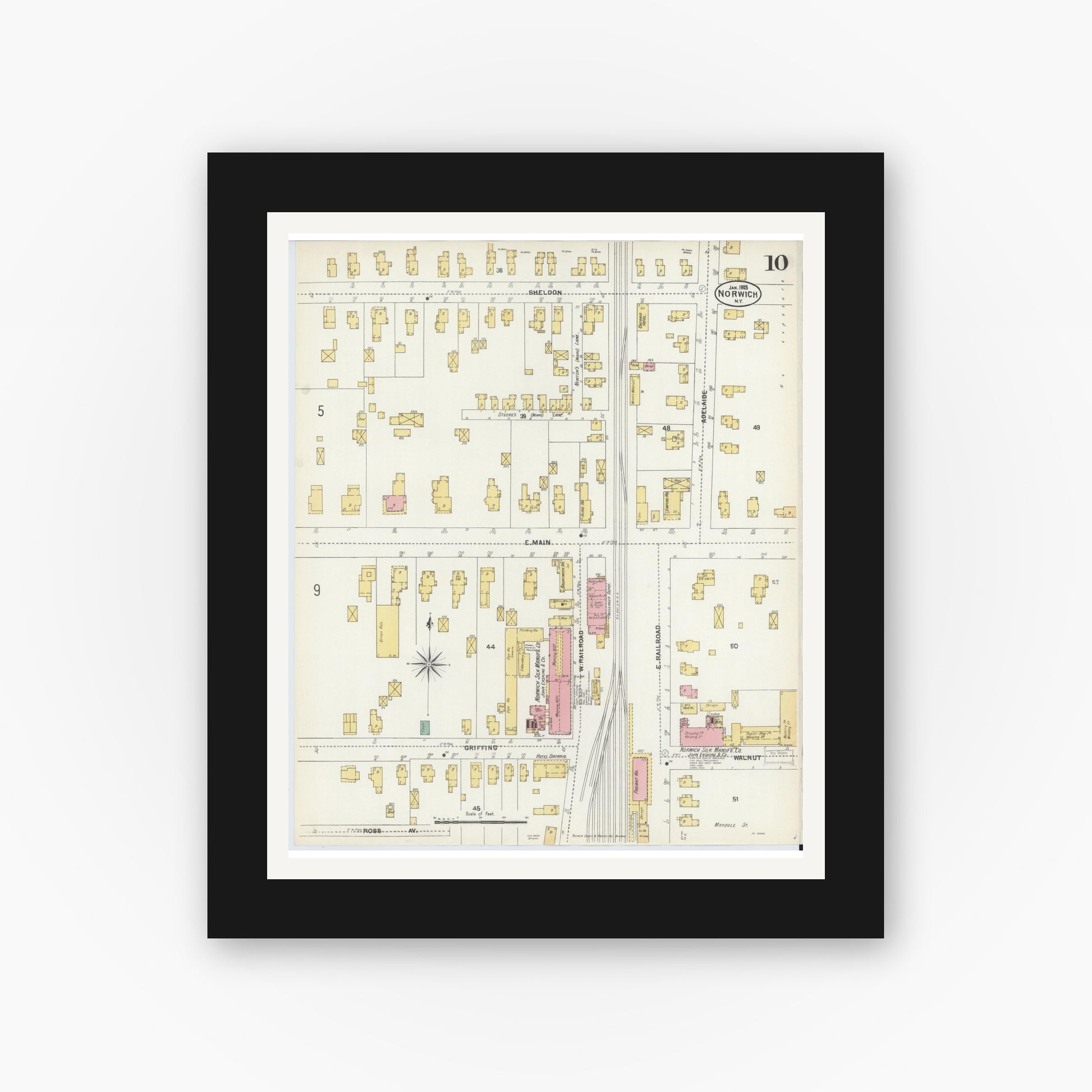 Old map wall art mockup — black gallery frame with white mat — Sanborn Fire Insurance Map from Norwich, Chenango County, New York (1903), Sheet #0010