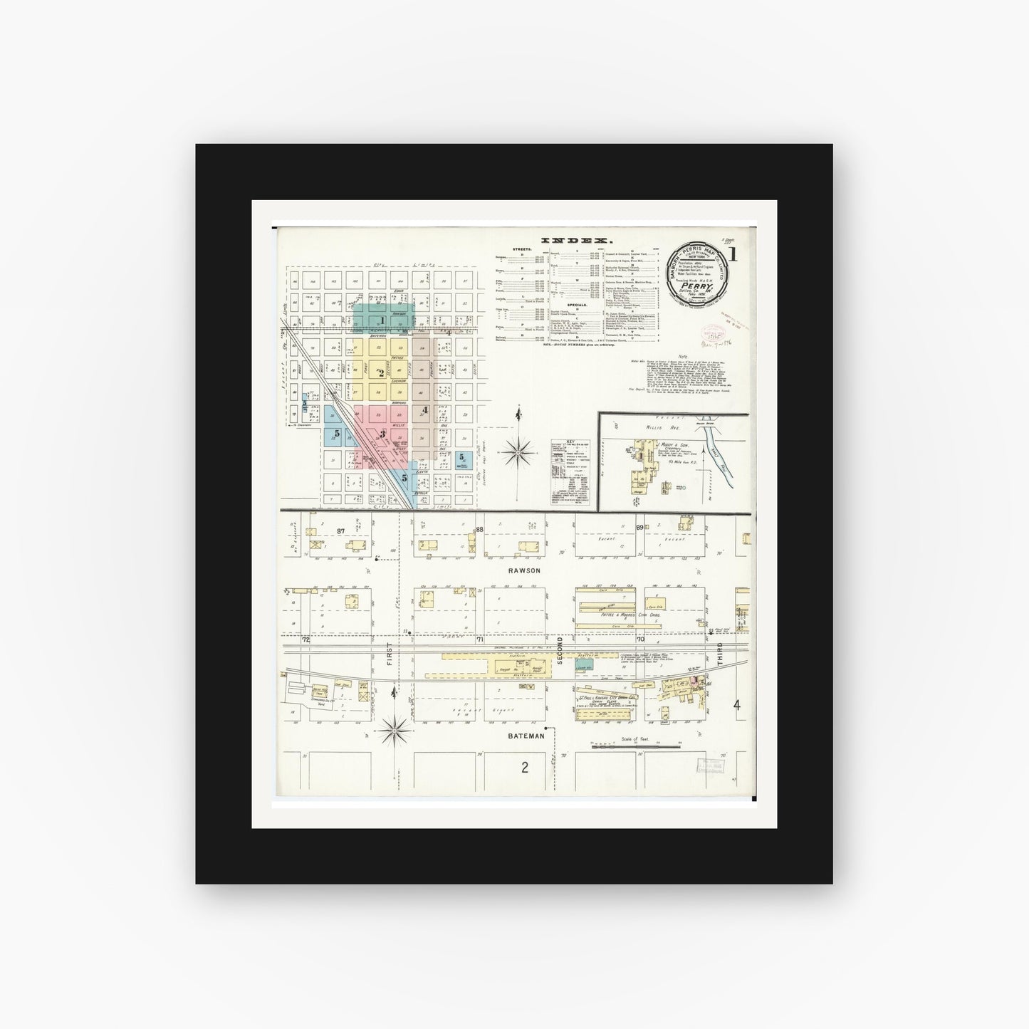 Old map wall art mockup — black gallery frame with white mat — Sanborn Fire Insurance Map from Perry, Dallas County, Iowa (1896) â€” Complete Set