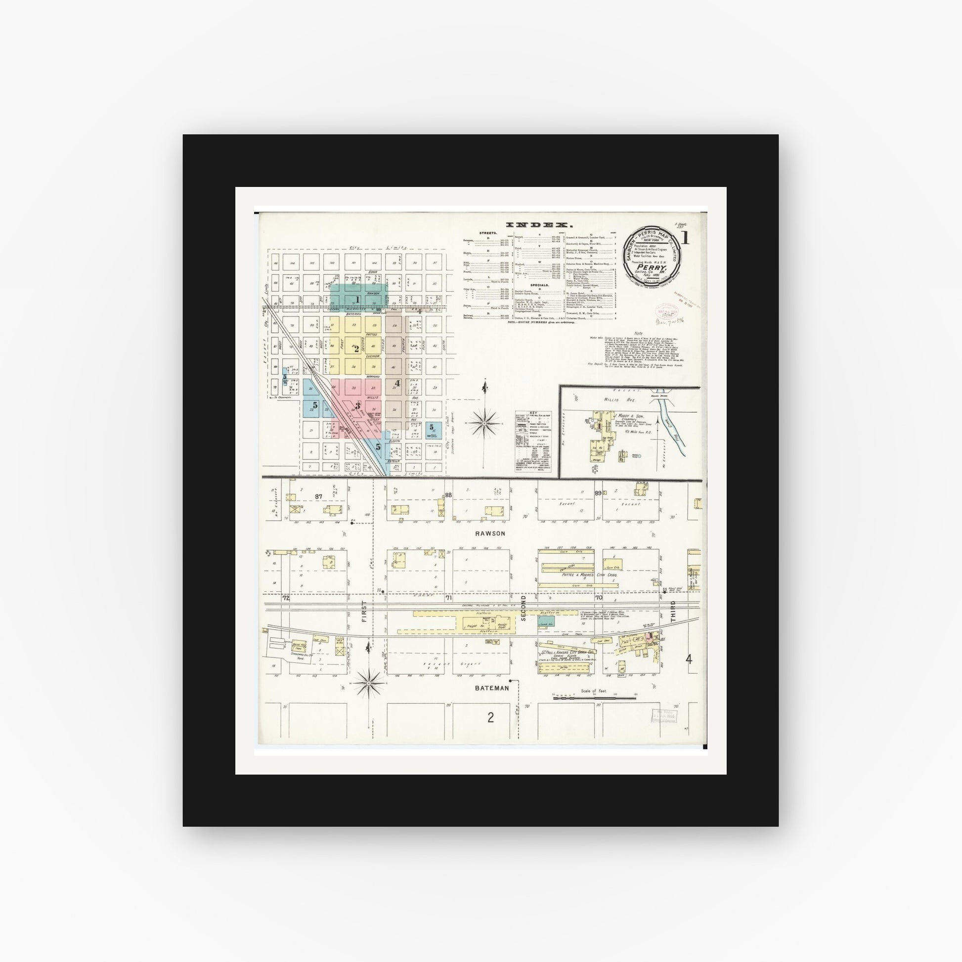 Old map wall art mockup — black gallery frame with white mat — Sanborn Fire Insurance Map from Perry, Dallas County, Iowa (1896) â€” Complete Set