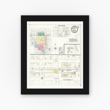 Old map wall art mockup — black gallery frame with white mat — Sanborn Fire Insurance Map from Perry, Dallas County, Iowa (1896) â€” Complete Set