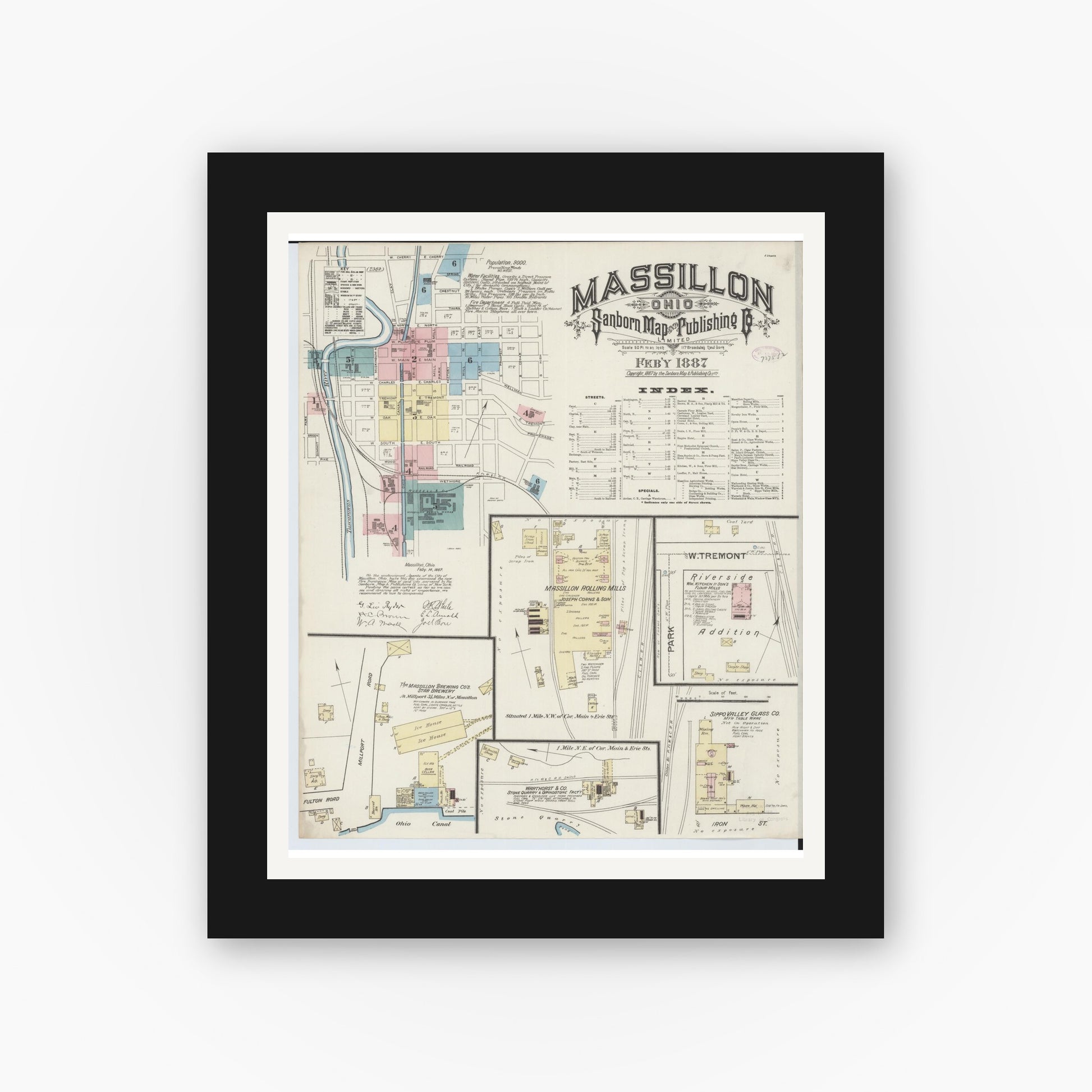 Old map wall art mockup — black gallery frame with white mat — Sanborn Fire Insurance Map from Massillon, Stark County, Ohio (1887), Sheet #0001