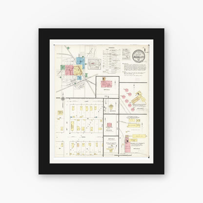 Old map wall art mockup — black gallery frame with white mat — Sanborn Fire Insurance Map from Rockwell City, Calhoun County, Iowa (1915), Sheet #0001