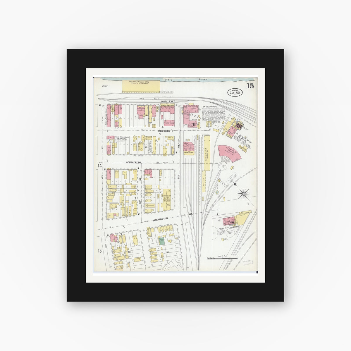 Old map wall art mockup — black gallery frame with white mat — Sanborn Fire Insurance Map from Cairo, Alexander County, Illinois (1901), Sheet #0015