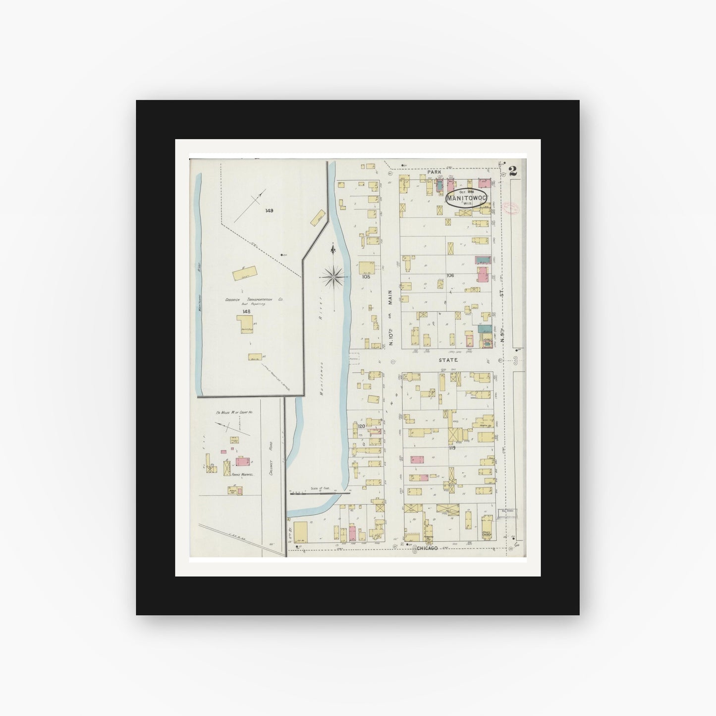 Old map wall art mockup — black gallery frame with white mat — Sanborn Fire Insurance Map from Manitowoc, Manitowoc County, Wisconsin (1894), Sheet #0002