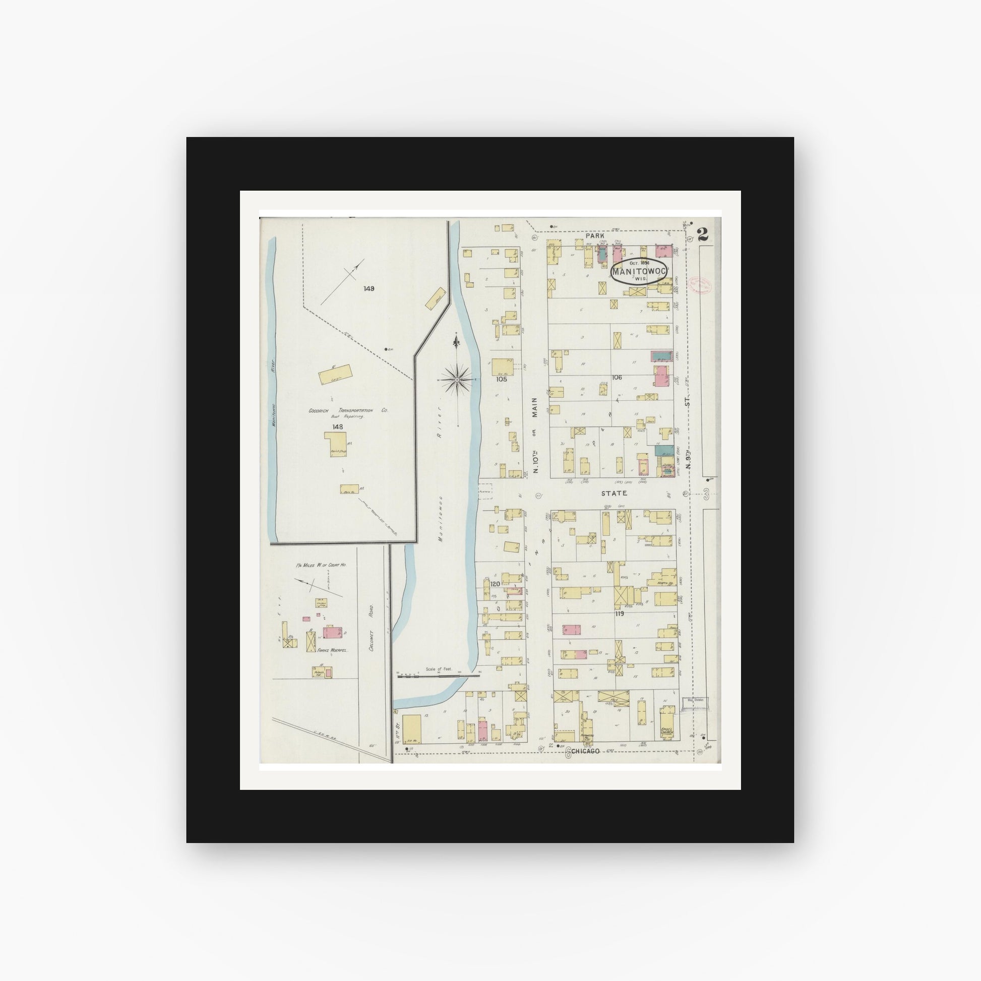 Old map wall art mockup — black gallery frame with white mat — Sanborn Fire Insurance Map from Manitowoc, Manitowoc County, Wisconsin (1894), Sheet #0002