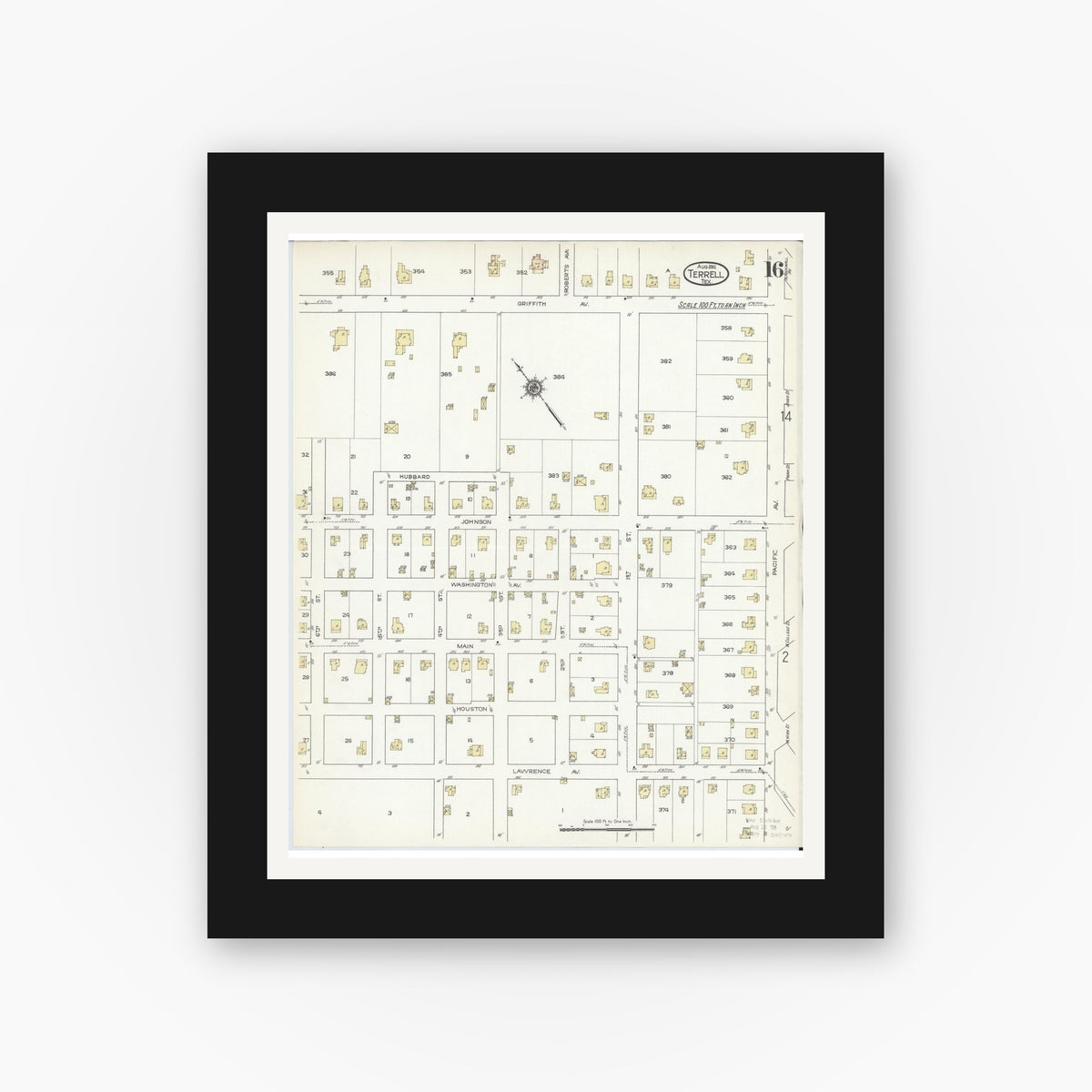 Old map wall art mockup — black gallery frame with white mat — Sanborn Fire Insurance Map from Terrell, Kaufman County, Texas (1914), Sheet #0016