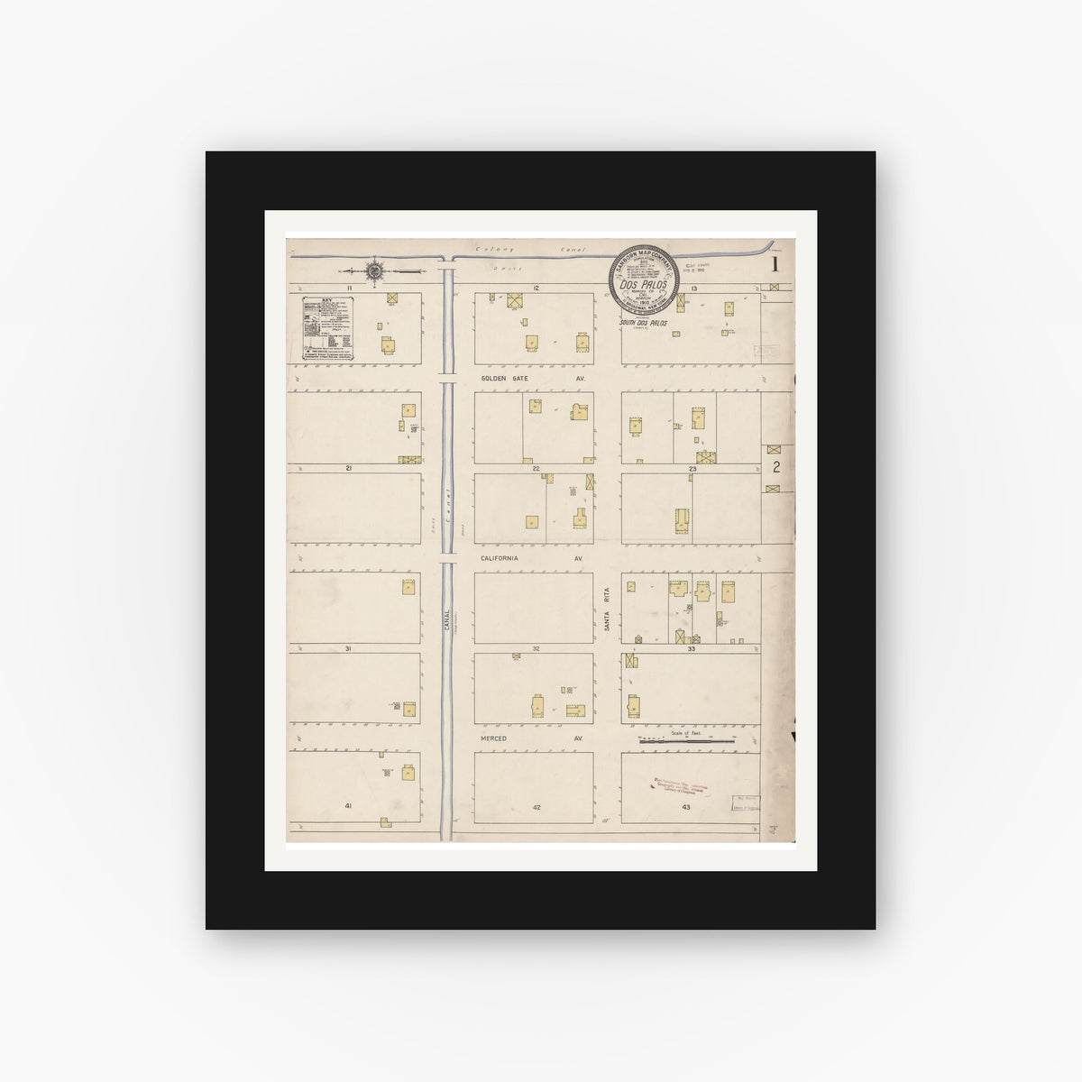 Old map wall art mockup — black gallery frame with white mat — Sanborn Fire Insurance Map from Dos Palos, Merced County, California (1910), Sheet #0001