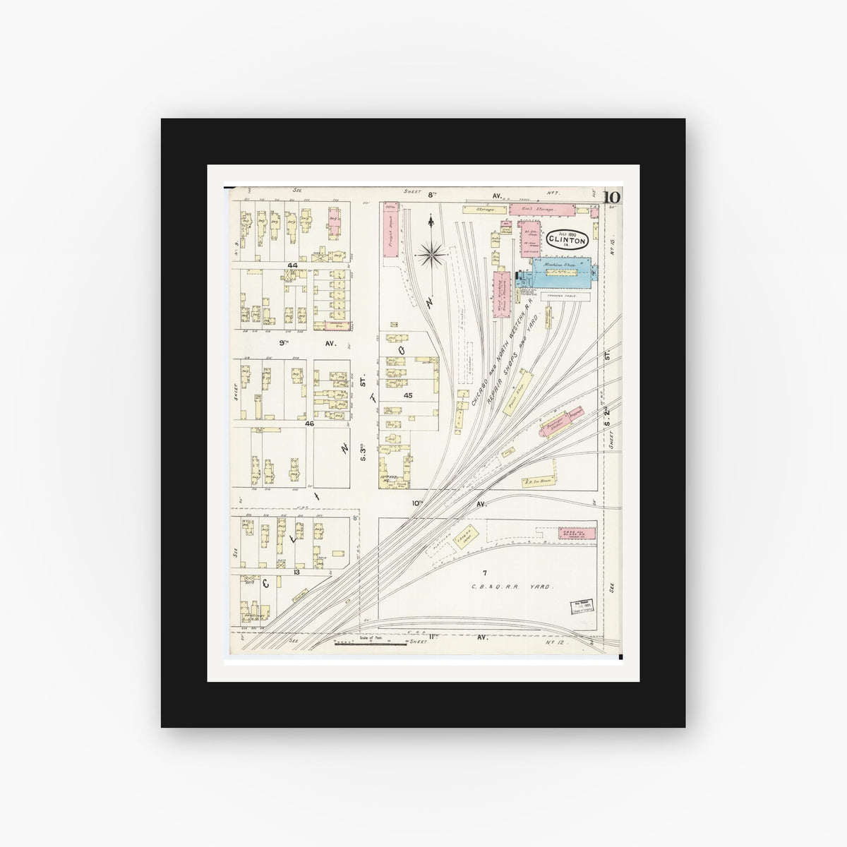 Old map wall art mockup — black gallery frame with white mat — Sanborn Fire Insurance Map from Clinton, Clinton County, Iowa (1890), Sheet #0010