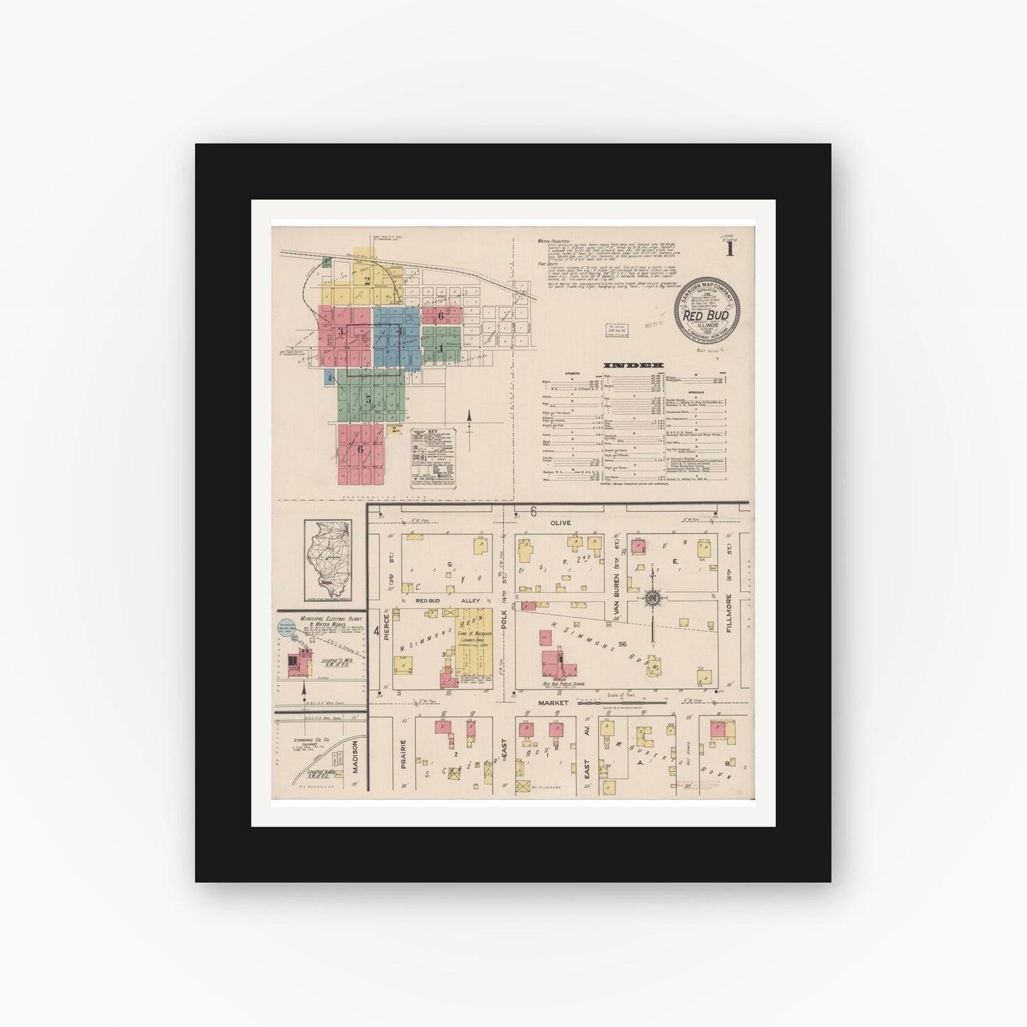 Old map wall art mockup — black gallery frame with white mat — Sanborn Fire Insurance Map from Red Bud, Randolph County, Illinois (1921) - Complete Map Set