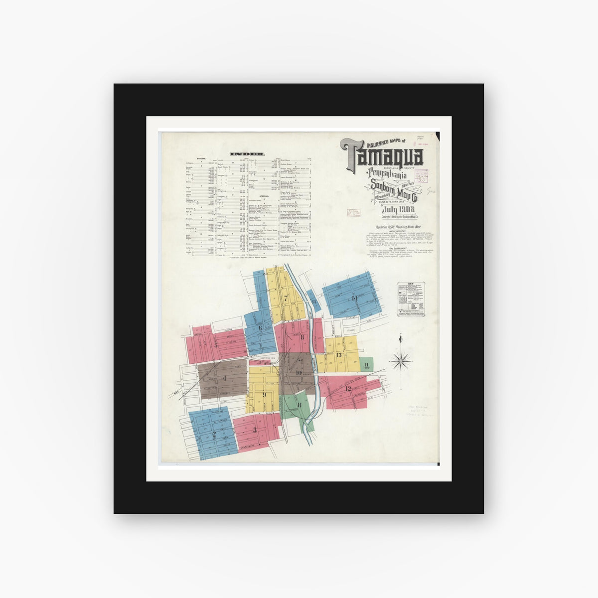 Old map wall art mockup — black gallery frame with white mat — Sanborn Fire Insurance Map from Tamaqua, Schuylkill County, Pennsylvania (1908) - Complete Map Set