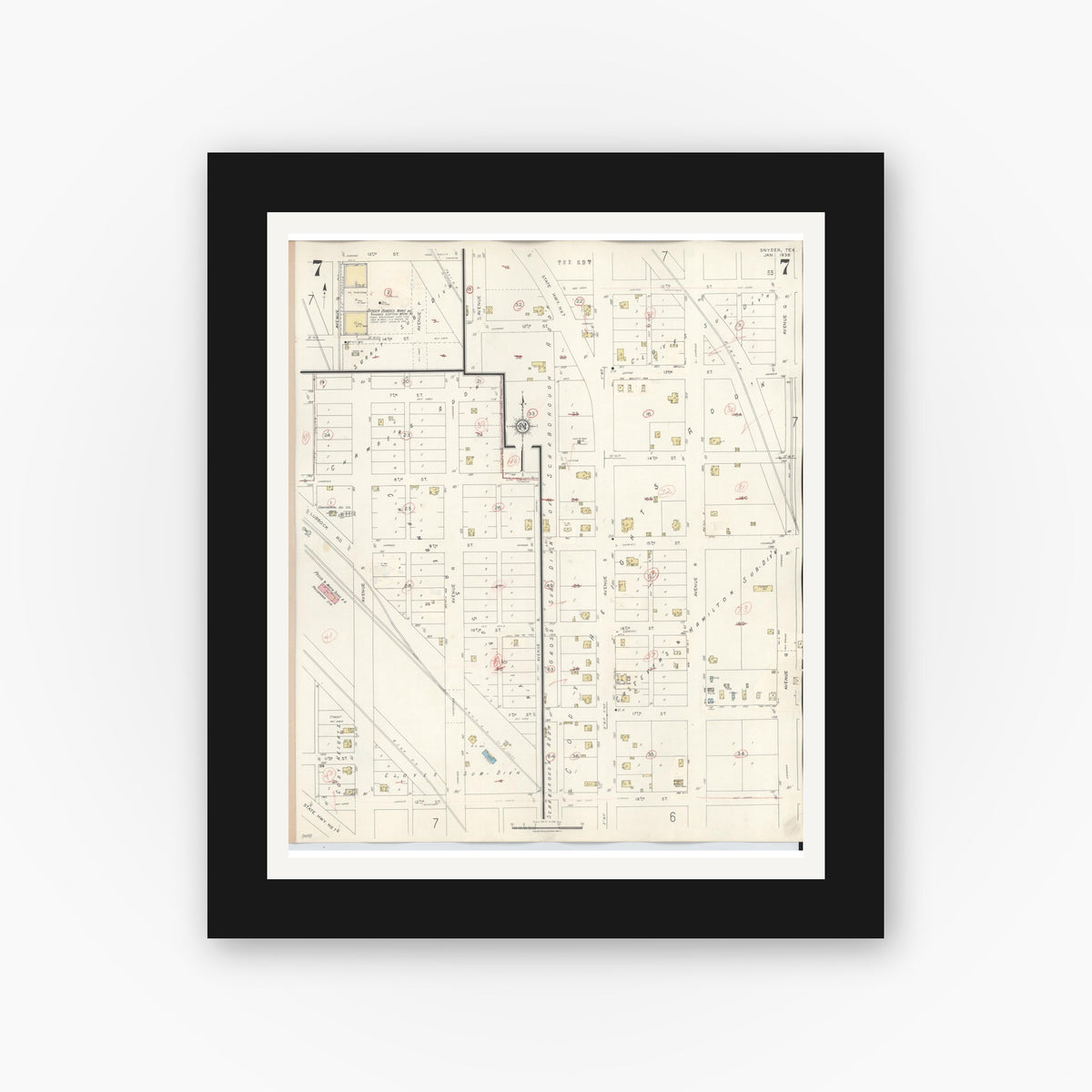 Old map wall art mockup — black gallery frame with white mat — Sanborn Fire Insurance Map from Snyder, Scurry County, Texas (1942), Sheet #0007