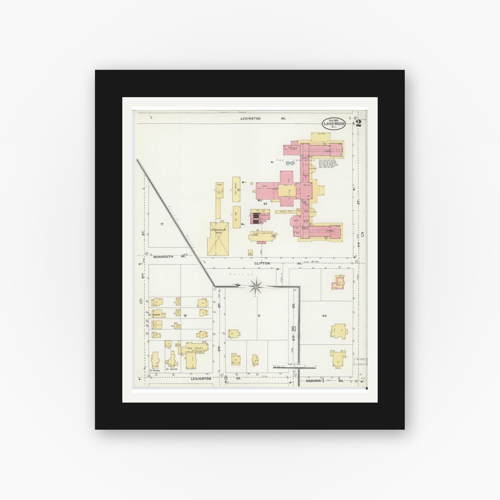 Old map wall art mockup — black gallery frame with white mat — Sanborn Fire Insurance Map from Lakewood, Ocean County, New Jersey (1905), Sheet #0002