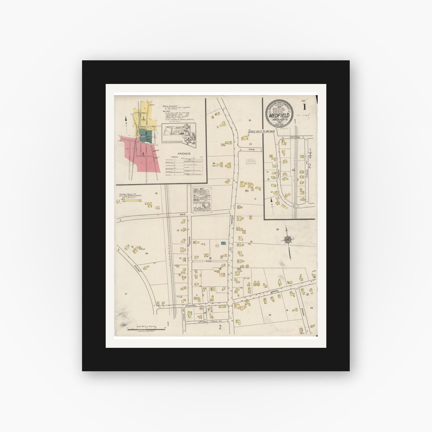 Old map wall art mockup — black gallery frame with white mat — Sanborn Fire Insurance Map from Medfield, Norfolk County, Massachusetts (1922) - Complete Map Set