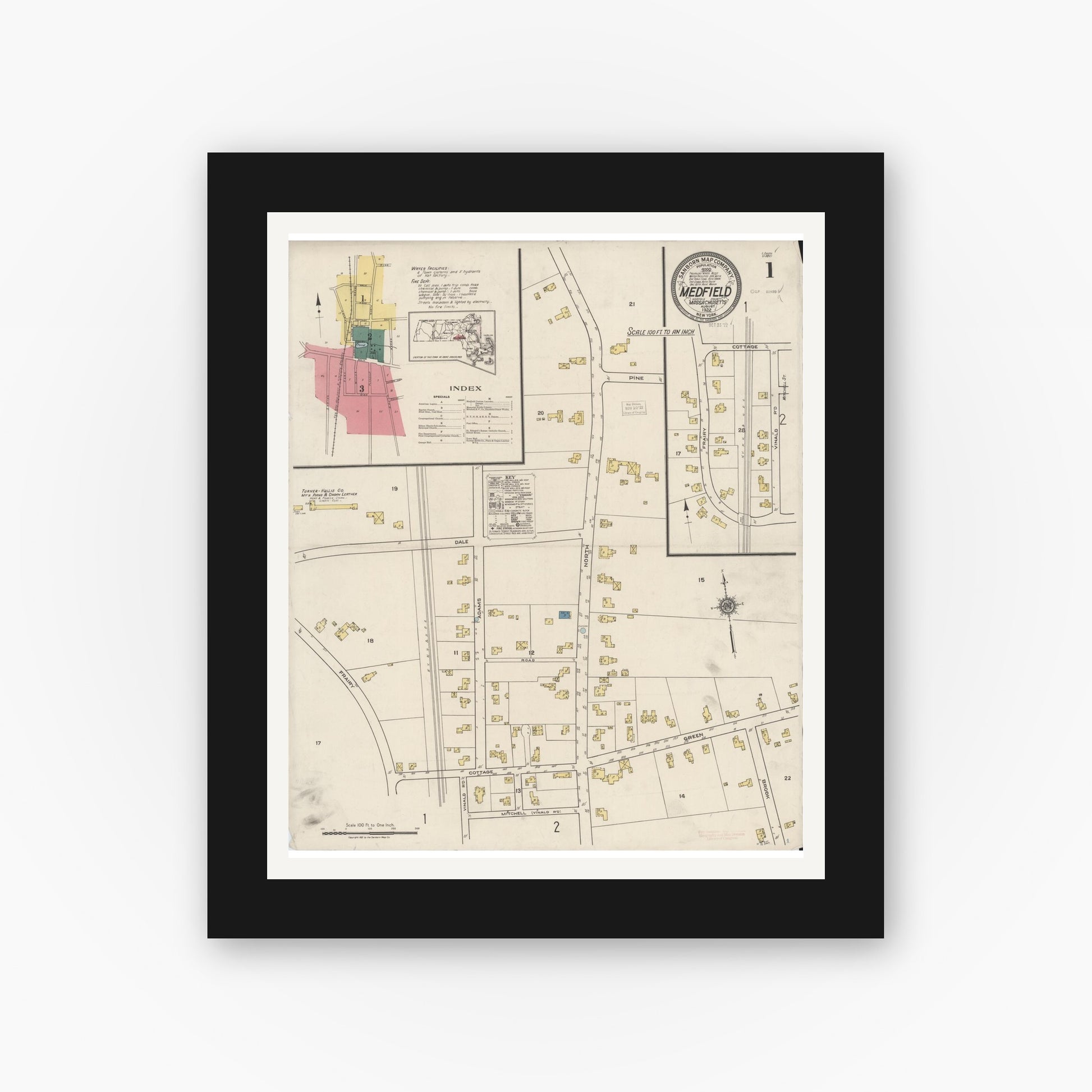 Old map wall art mockup — black gallery frame with white mat — Sanborn Fire Insurance Map from Medfield, Norfolk County, Massachusetts (1922) - Complete Map Set