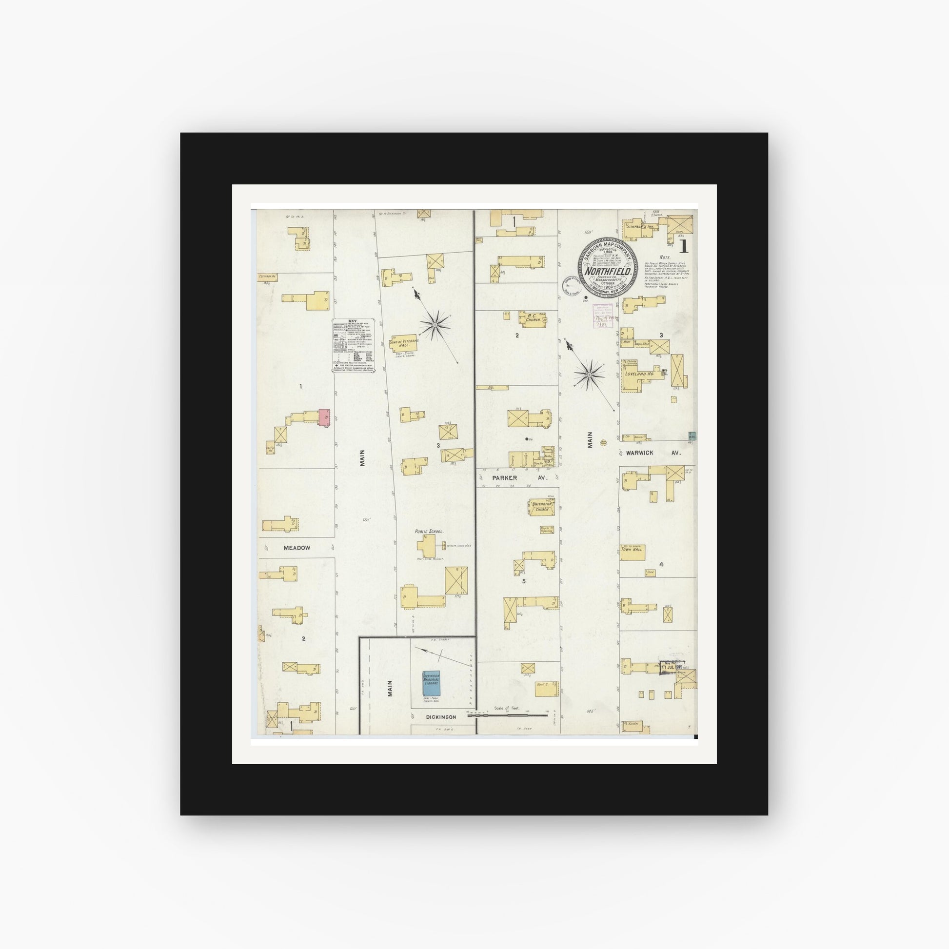 Old map wall art mockup — black gallery frame with white mat — Sanborn Fire Insurance Map from Northfield, Franklin County, Massachusetts (1902), Sheet #0001