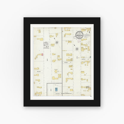 Old map wall art mockup — black gallery frame with white mat — Sanborn Fire Insurance Map from Northfield, Franklin County, Massachusetts (1902), Sheet #0001