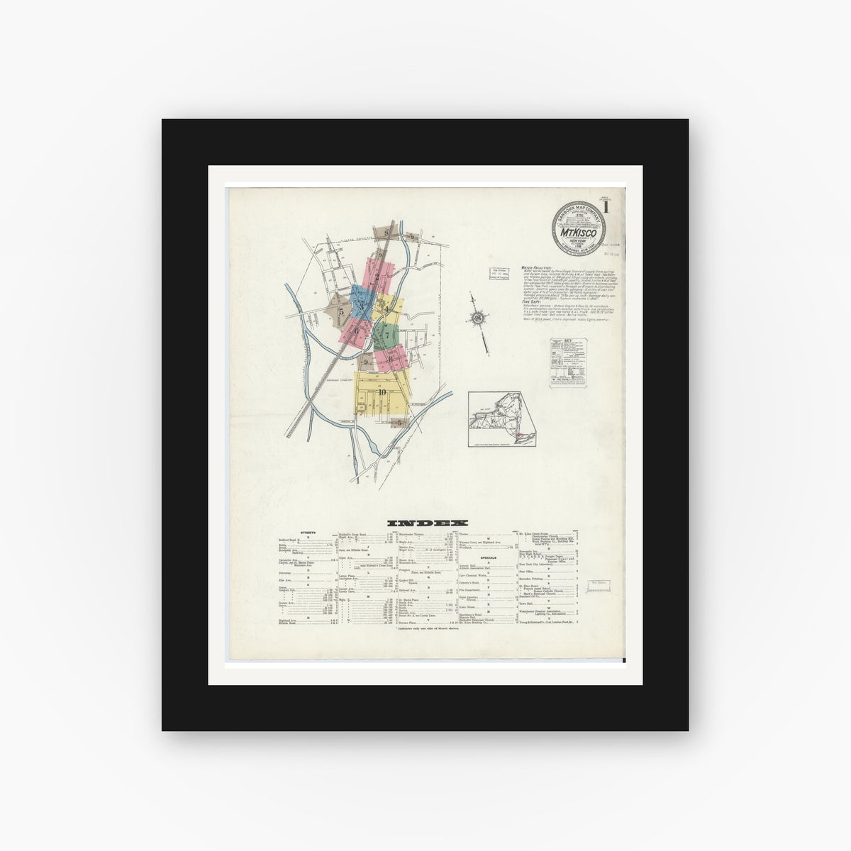 Old map wall art mockup — black gallery frame with white mat — Sanborn Fire Insurance Map from Mount Kisco, Westchester County, New York (1916), Sheet #0001
