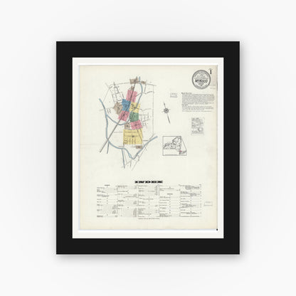 Old map wall art mockup — black gallery frame with white mat — Sanborn Fire Insurance Map from Mount Kisco, Westchester County, New York (1916), Sheet #0001