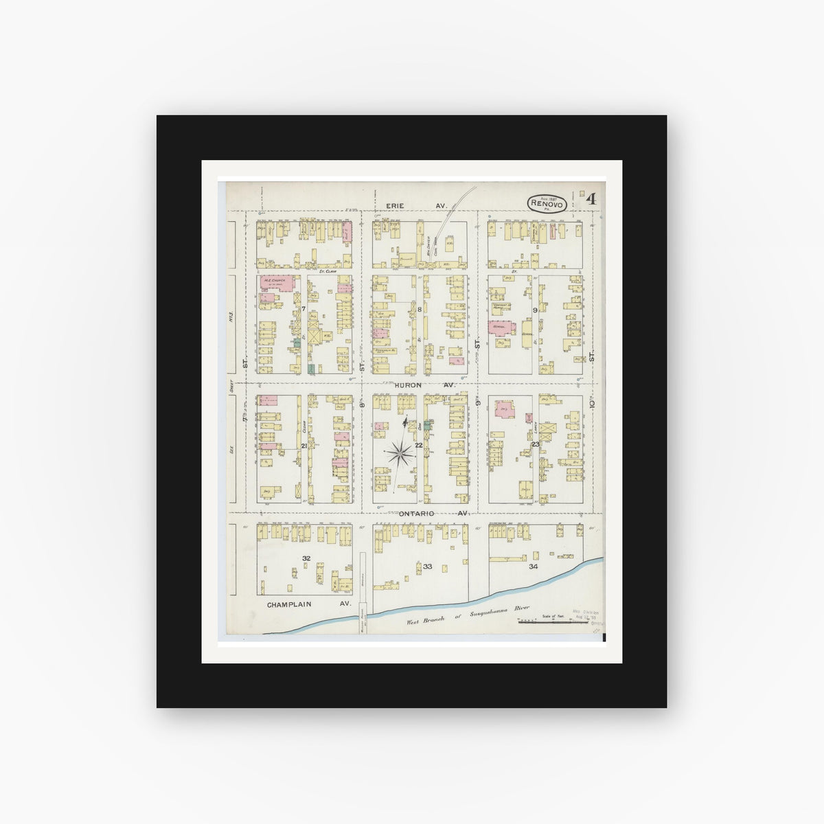 Old map wall art mockup — black gallery frame with white mat — Sanborn Fire Insurance Map from Renovo, Clinton County, Pennsylvania (1887), Sheet #0004
