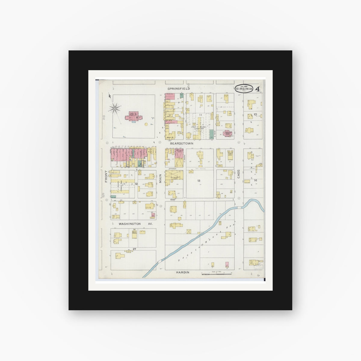Old map wall art mockup — black gallery frame with white mat — Sanborn Fire Insurance Map from Virginia, Cass County, Illinois (1894), Sheet #0004