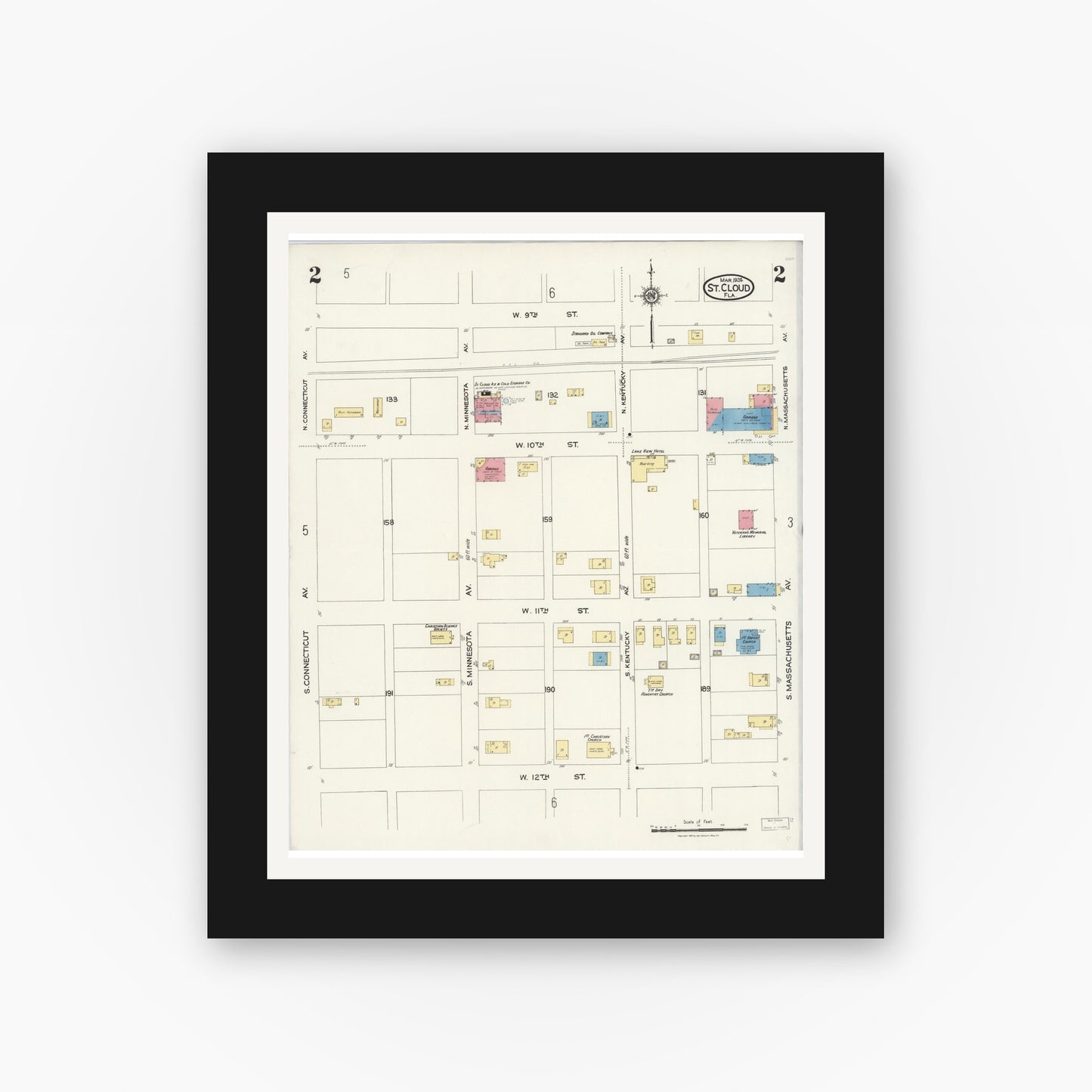 Old map wall art mockup — black gallery frame with white mat — Sanborn Fire Insurance Map from Saint Cloud, Osceola County, Florida (1924), Sheet #0002