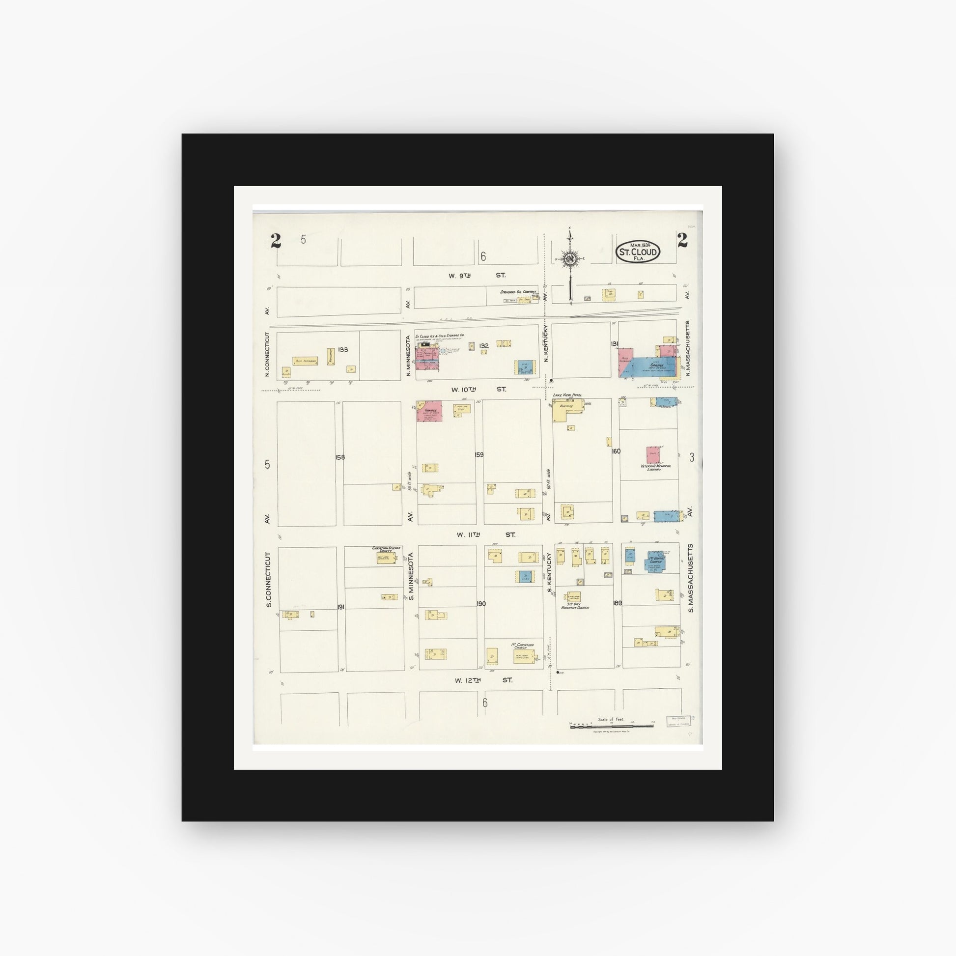 Old map wall art mockup — black gallery frame with white mat — Sanborn Fire Insurance Map from Saint Cloud, Osceola County, Florida (1924), Sheet #0002
