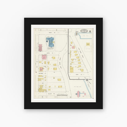 Old map wall art mockup — black gallery frame with white mat — Sanborn Fire Insurance Map from Port Arthur, Jefferson County, Texas (1915), Sheet #0008