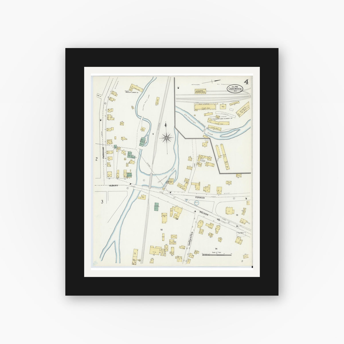 Old map wall art mockup — black gallery frame with white mat — Sanborn Fire Insurance Map from Cazenovia, Madison County, New York (1906), Sheet #0004
