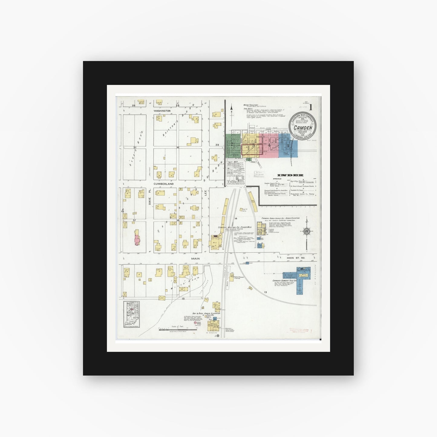 Old map wall art mockup — black gallery frame with white mat — Sanborn Fire Insurance Map from Camden, Carroll County, Indiana (1919) - Complete Map Set