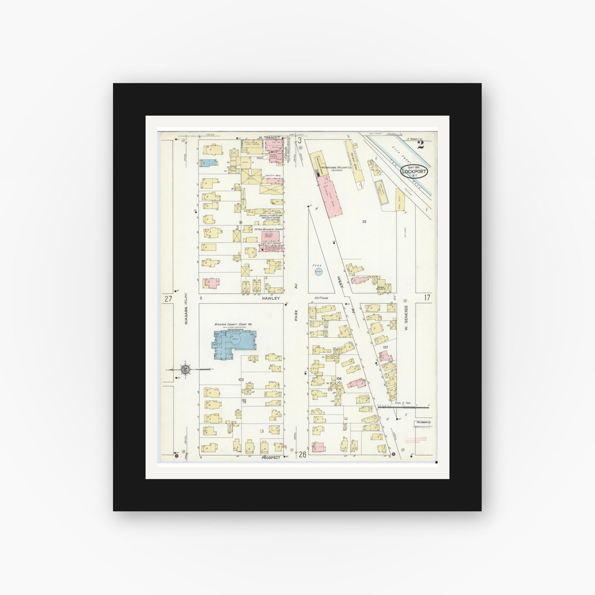 Old map wall art mockup — black gallery frame with white mat — Sanborn Fire Insurance Map from Lockport, Niagara County, New York (1914) - Complete Map Set