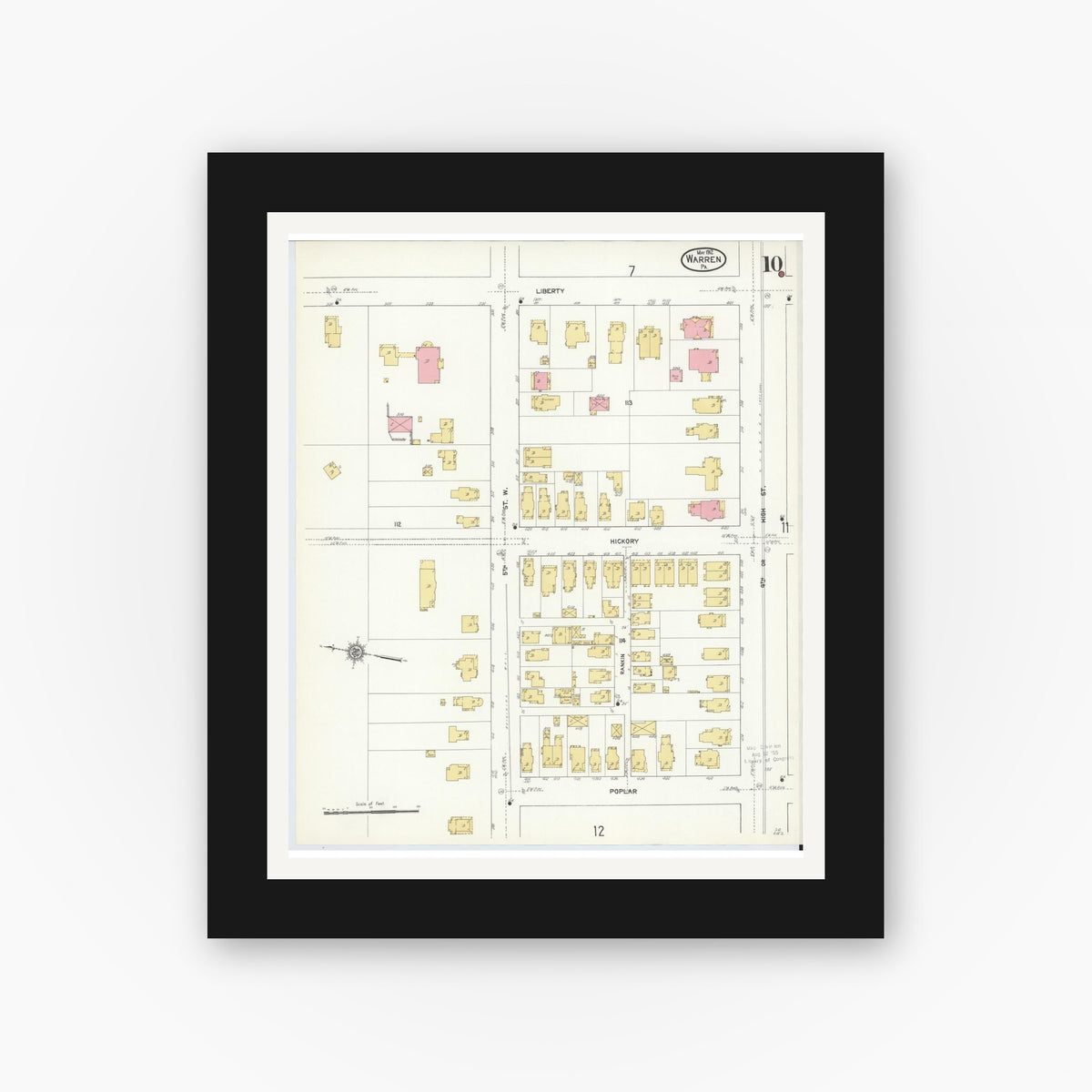 Old map wall art mockup — black gallery frame with white mat — Sanborn Fire Insurance Map from Warren, Warren County, Pennsylvania (1912), Sheet #0010
