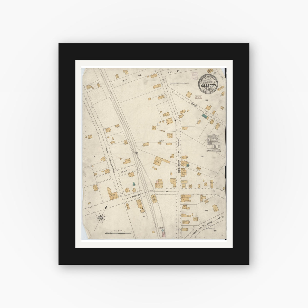 Old map wall art mockup — black gallery frame with white mat — Sanborn Fire Insurance Map from Absecon, Atlantic County, New Jersey (1906), Sheet #0001