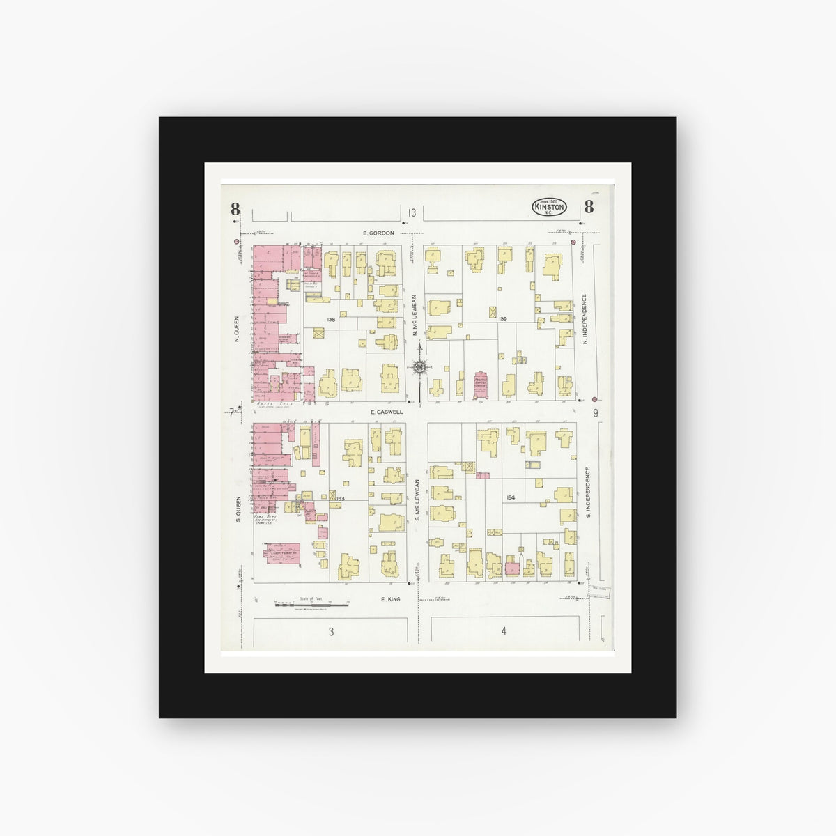 Old map wall art mockup — black gallery frame with white mat — Sanborn Fire Insurance Map from Kinston, Lenoir County, North Carolina (1925), Sheet #0008