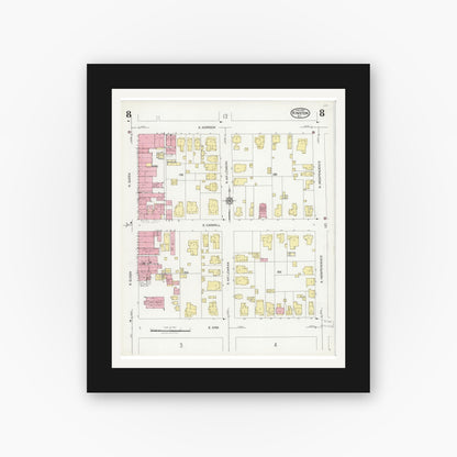 Old map wall art mockup — black gallery frame with white mat — Sanborn Fire Insurance Map from Kinston, Lenoir County, North Carolina (1925), Sheet #0008