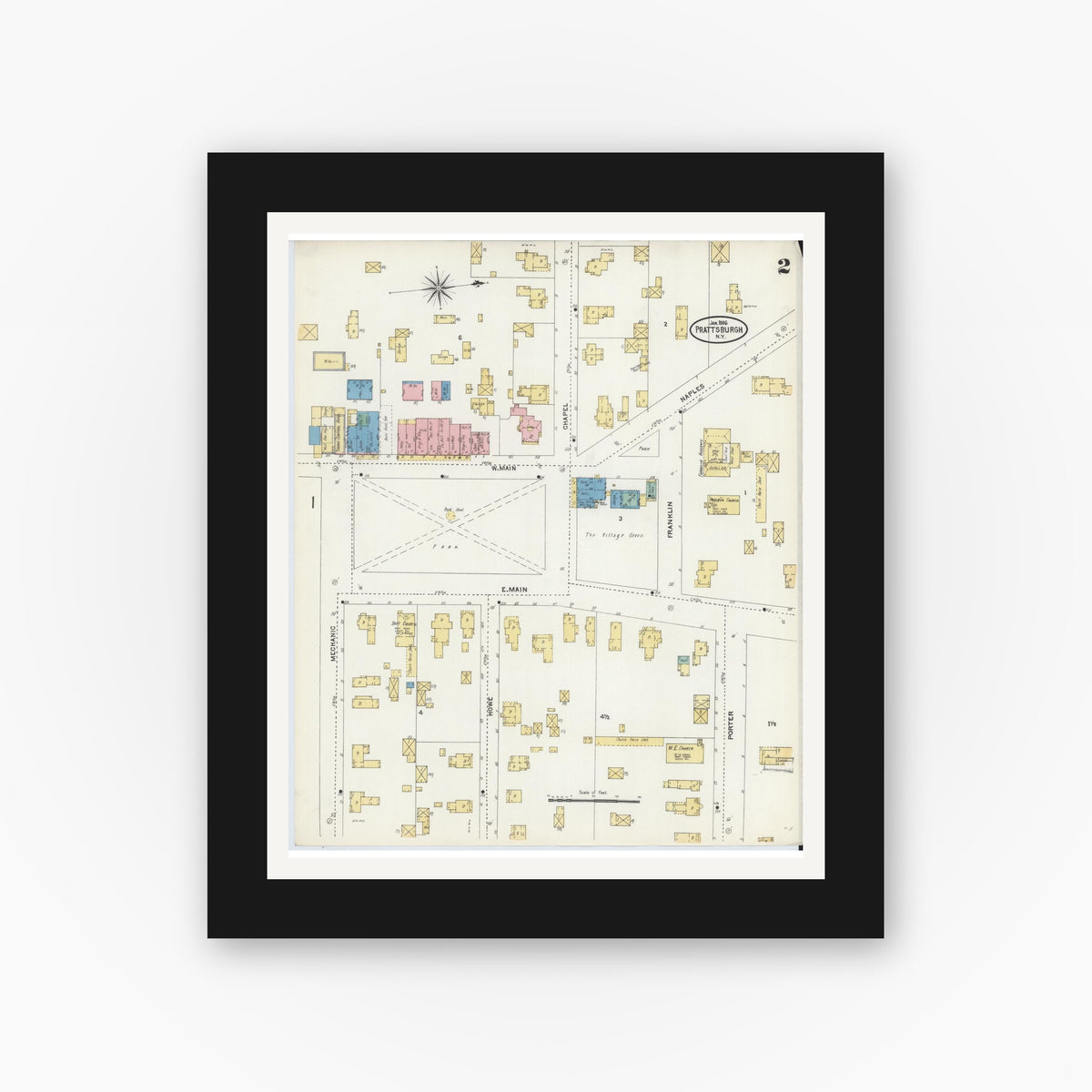 Old map wall art mockup — black gallery frame with white mat — Sanborn Fire Insurance Map from Prattsburgh, Steuben County, New York (1906), Sheet #0002